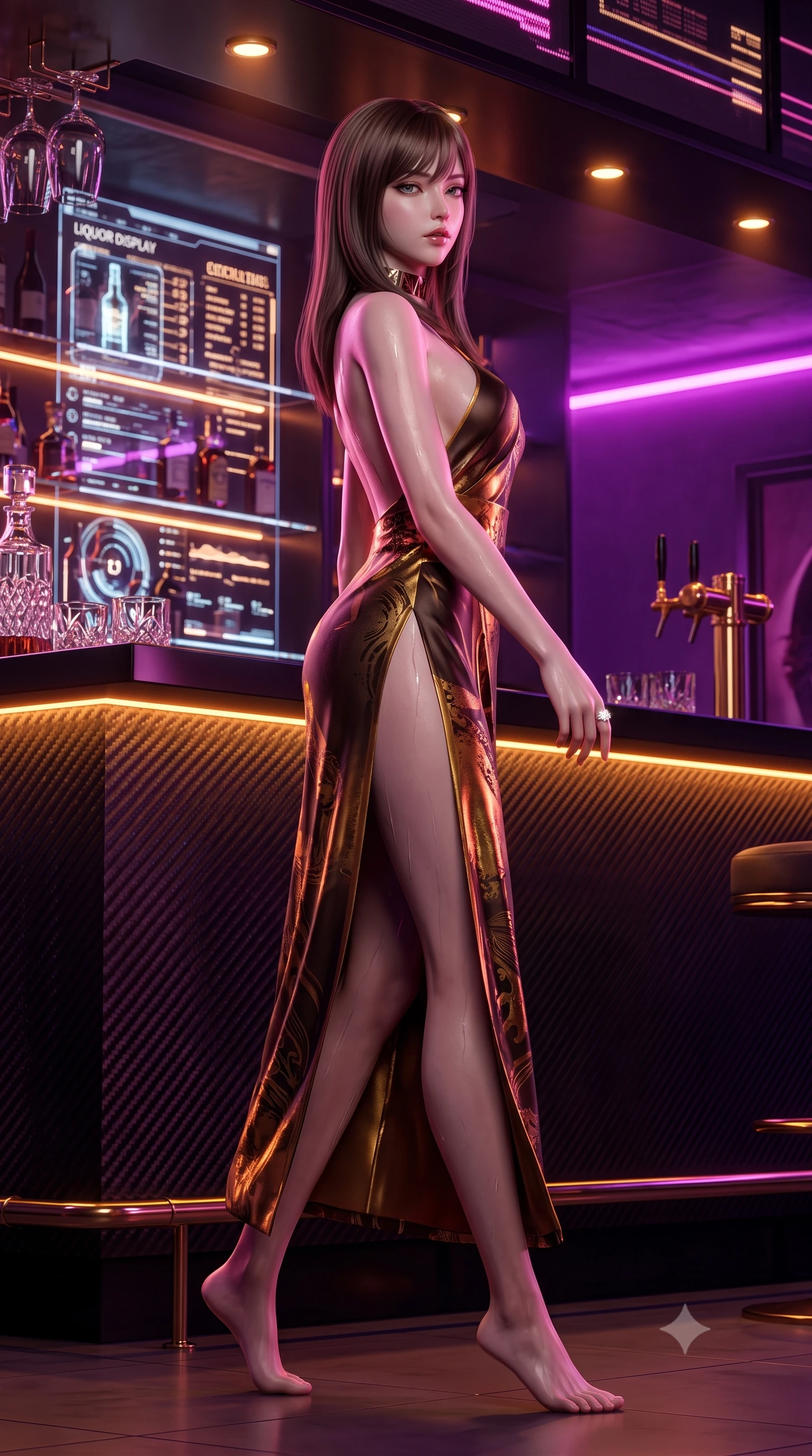 score_9, masterpiece, best quality, ultra-detailed, high-budget anime keyframe, semi-realistic 3D game render, editorial fashion photography, tasteful artistic composition, Korean woman. low angle full-body shot from head to toe showing her feet, filling the entire 9:16 vertical frame with her statuesque presence, stretching her vertical silhouette. striding forward in a proud supermodel runway stride, hips swaying in an alluring kinetic rhythm that accentuates her curvy hourglass silhouette while leaning back against an illuminated holographic liquor display with hips cocked, casting a smoky, dangerous bedroom-gaze past the camera. The surrounding environment is rendered in vivid detail and crisp panoramic clarity. sharp carbon-fiber bar counter reflections, crystal glass facets, and brass hardware in deep focus. She has an exceptionally tall and slender model-like 8.5-heads proportion, an ultra-slim waist, a flat toned midriff, narrow delicate ribcage, and beautifully sculpted feminine hips creating a graceful, slim hourglass silhouette without any bulky heaviness, with impossibly long slender legs. sharp v-shaped jawline, high-bridge nose, intricate jewel-like eyes with depth, thick eyelashes, glossy parted lips with a natural sheen, intensely captivating and seductive bedroom-eyes expression, flawlessly proportioned anatomical accuracy, strict slender model proportions, natural body alignment, perfectly sculpted long slender limbs, ultra-slim waistline, clean dynamic posture without body distortion. wearing a delicate semi-translucent silk yukata that clings to her wet skin and curvy hip contours in dark espresso brown and molten gold foil, tailored from ultra-smooth duchess satin with a pearlescent sheen, complemented by a bold geometric choker and sparkling cocktail ring, the precision-cut side openings and low-back scoop framing her graceful spine and the sensual sweep of her slim, toned hips. bathed in rich magenta and electric violet neon light contrasting with warm amber bar downlights. highly saturated vibrant anime colors, detailed shading with soft gradients, rich glossy textures, high-contrast stereoscopic depth, volumetric dynamic lighting, master piece, 9:16 ratio