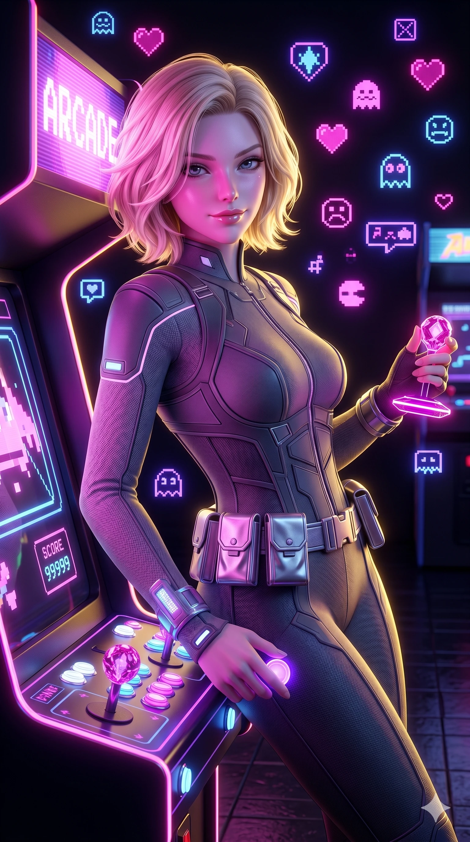 score_9, masterpiece, best quality, ultra-detailed, high-budget anime keyframe, semi-realistic 3D game render, Caucasian woman, strictly human ears. Upper body close-up from the thighs up, character filling the screen for maximum presence. She is leaning back against a glowing retro arcade cabinet, surrounded by floating pixelated neon icons. She holds a glowing joystick with a teasing, commanding smile. She has an absolutely perfect 8-heads proportion, a tall and elegant figure with a refined silhouette and a defined waistline. V-shaped jawline, high-bridge nose, intricate jewel-like eyes with depth, thick eyelashes, glossy lips with a natural sheen. She is wearing a high-fashion tech-jumpsuit featuring structured panel overlays across the torso and shoulders, accented by a metallic silver utility belt and textured fabric sleeves. The scene is illuminated by bright pink and violet neon screen glare and a sharp yellow ambient rim light. 2k, ultra detail, master piece, 9:16 ratio