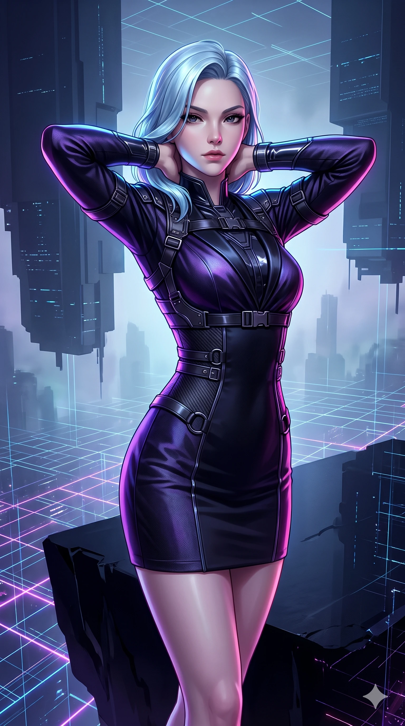 score_9, masterpiece, best quality, ultra-detailed, high-budget anime keyframe, semi-realistic 3D game render, editorial fashion photography, tasteful artistic composition, Korean woman. close-up cowboy shot from the waist and thighs up, the character dominates the composition, filling the frame with her large presence. resting both hands lightly behind her neck with elbows raised, arching her spine to highlight her narrow waist and flat midriff while standing poised on the edge of a floating obsidian megalith suspended over an infinite neon grid, arching her back with sovereign cyberpunk grace. The surrounding environment is rendered in vivid detail and crisp panoramic clarity: detailed wet-look vinyl bodysuit cling, tactical harness buckle hardware, and cybernetic textures in razor-sharp precision. She has an exceptionally elegant, slender, and willowy female figure with an ultra-slim waist, flat toned midriff, narrow ribcage, and sculpted feminine hips creating an alluring, slim hourglass silhouette without bulk. sharp v-shaped jawline, high-bridge nose, intricate jewel-like dark sparkling eyes with hypnotic seductive depth, thick curled eyelashes, glossy parted lips with a natural wine sheen, alluring bedroom-eyes with an enigmatic smoldering smile, exuding magnetic sovereign charisma and dark avant-garde glamour, flawlessly proportioned anatomical accuracy, strict slender model proportions, natural body alignment, perfectly sculpted long slender limbs, ultra-slim waistline, clean dynamic posture without body distortion. wearing a tailored onyx black tux dress with silk lapels and fitted waist in iridescent dark violet taffeta and midnight indigo, woven from matte carbon-fiber weave with high-tech structural hold, trimmed with dark chrome ring hardware along the waist contours, the bespoke structured tailoring following the natural line of her 8.5-heads silhouette with refined elegance. illuminated by floating neon grid upward bounce and sharp ultraviolet rim lights defining her razor-sharp jawline, narrow waist, and curvy hips. highly saturated vibrant anime colors, detailed shading with soft gradients, rich glossy textures, high-contrast stereoscopic depth, volumetric dynamic lighting, master piece, 9:16 ratio