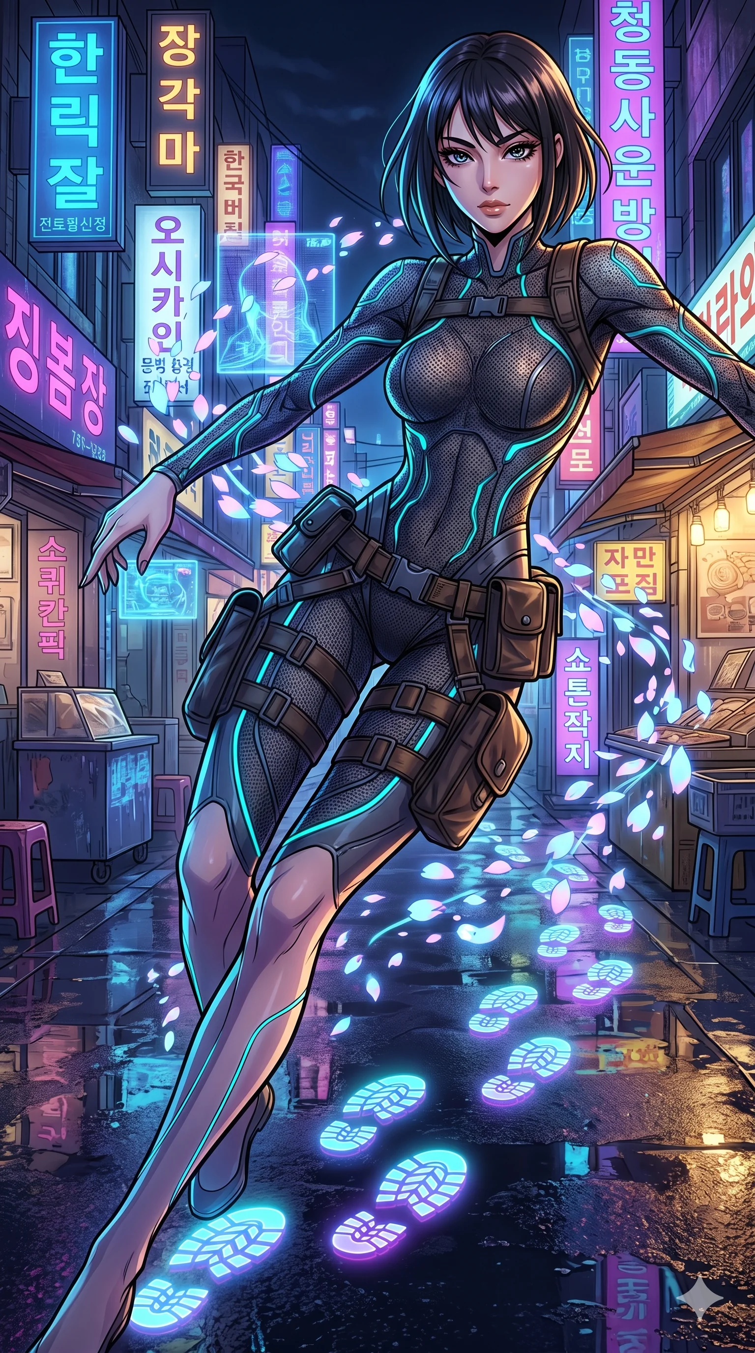 score_9, masterpiece, best quality, ultra-detailed, Set A: High-budget Anime Keyframe, Japanese woman. Upper body close-up from the thighs up, character filling the screen for maximum presence. Sliding through a neon-lit Neo-Seoul market, as she leaves a trail of 8 glowing footprints and surrounded by digital sakura petals. She has an absolutely perfect 8-heads proportion, an exceptionally tall and slender female figure with impossibly long slender legs and an ultra-slim waist. Sharp v-shaped jawline, high-bridge nose, intricate jewel-like eyes with depth, thick eyelashes, glossy lips with a natural sheen. Wearing Tactical mesh bodysuit with integrated glowing data-cables and leather pouches. Cinematic lighting, vibrant colors, dramatic shadows, 2k, ultra detail, master piece, 9:16 ratio