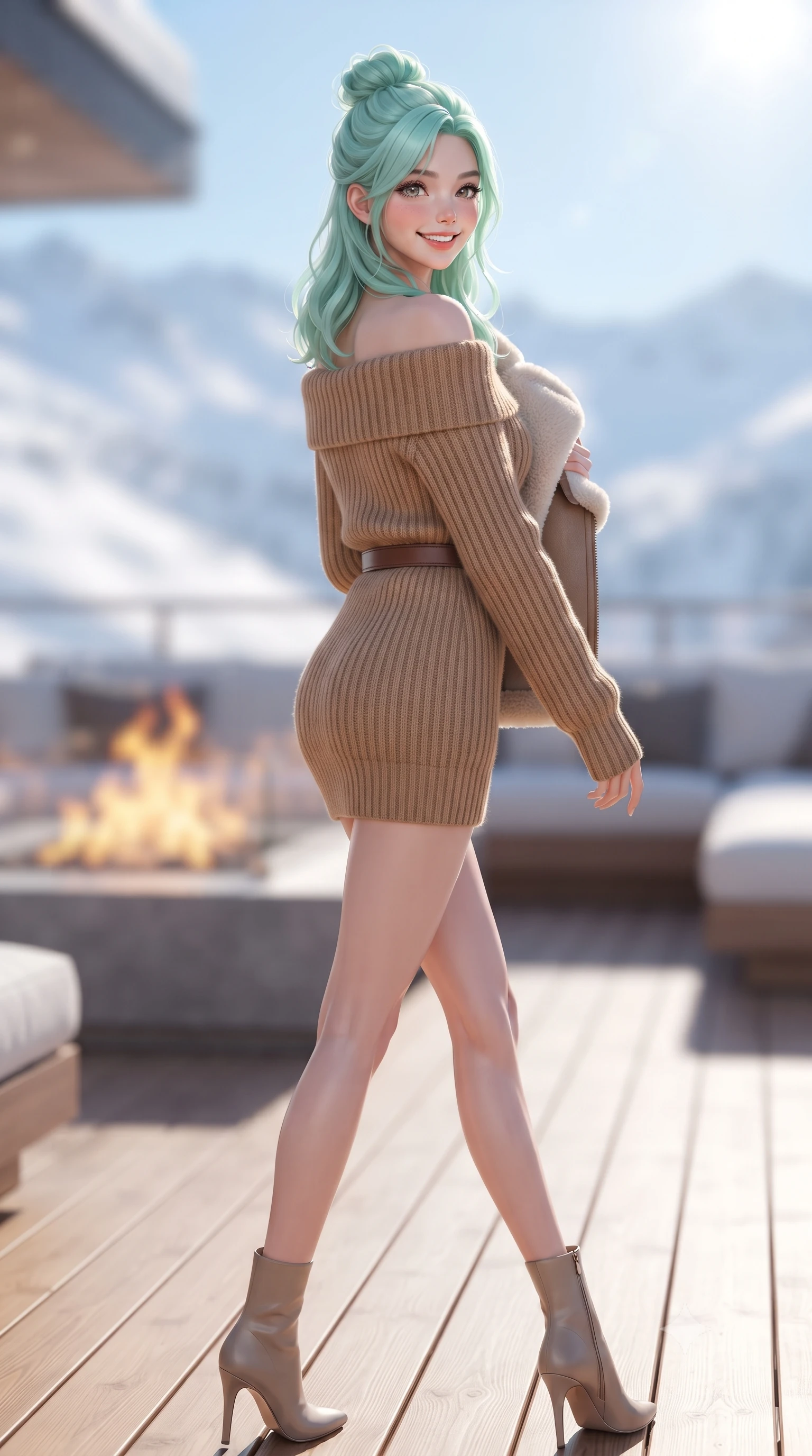score_9, masterpiece, best quality, ultra-detailed, high-budget anime keyframe, editorial fashion photography, tasteful artistic composition, Japanese woman. low angle full-body shot from head to toe showing her feet, filling the entire 9:16 vertical frame with her statuesque presence, stretching her vertical silhouette. pausing along the promenade and turning back toward the camera with an infectious, delightful smile, her form-fitting silhouette highlighting her curvy hips and slim waist while walking along the snow-free teak heated deck with confident model stride, her shearling coat collar turned up against the crisp mountain breeze. The background shows a soft-focus sleek minimalist gas fire pit flames softened in high-altitude futuristic luxury shallow focus. She has an exceptionally tall and slender model-like 8.5-heads proportion, an ultra-slim waist, a flat toned midriff, narrow delicate ribcage, and beautifully sculpted feminine hips creating a graceful, slim hourglass silhouette without any bulky heaviness, with impossibly long slender legs. sharp v-shaped jawline, high-bridge nose, intricate jewel-like sparkling eyes with depth, thick eyelashes, glossy parted lips with a natural peach sheen, bright cheerful beaming smile with an enchanting and coquettish sensual glint, exuding both youthful cute charm and seductive allure, flawlessly proportioned anatomical accuracy, strict slender model proportions, natural body alignment, perfectly sculpted long slender limbs, ultra-slim waistline, clean dynamic posture without body distortion. wearing a snug off-the-shoulder thick ribbed knit sweater dress in warm camel clinging to her hourglass contours in Saint-Germain camel wool and warm espresso, tailored from form-contouring ribbed merino wool hugging her torso like a second skin, finished with a slim equestrian bridle-leather belt cinched tightly at the narrowest point of her waist, the liquid-tight tailored fabric clinging flawlessly to her narrow waist and rounded feminine hips, emphasizing every millimeter of her sculpted slim hourglass curves without any bulky heaviness. bathed in intense, crystal-clear high-altitude alpine sunlight and brilliant 360-degree snow albedo bounce. ultra-reflective glossy finish, specular highlights, rich textural contrasts, high-contrast stereoscopic depth, volumetric dynamic lighting, 2k, ultra detail, master piece, 9:16 ratio