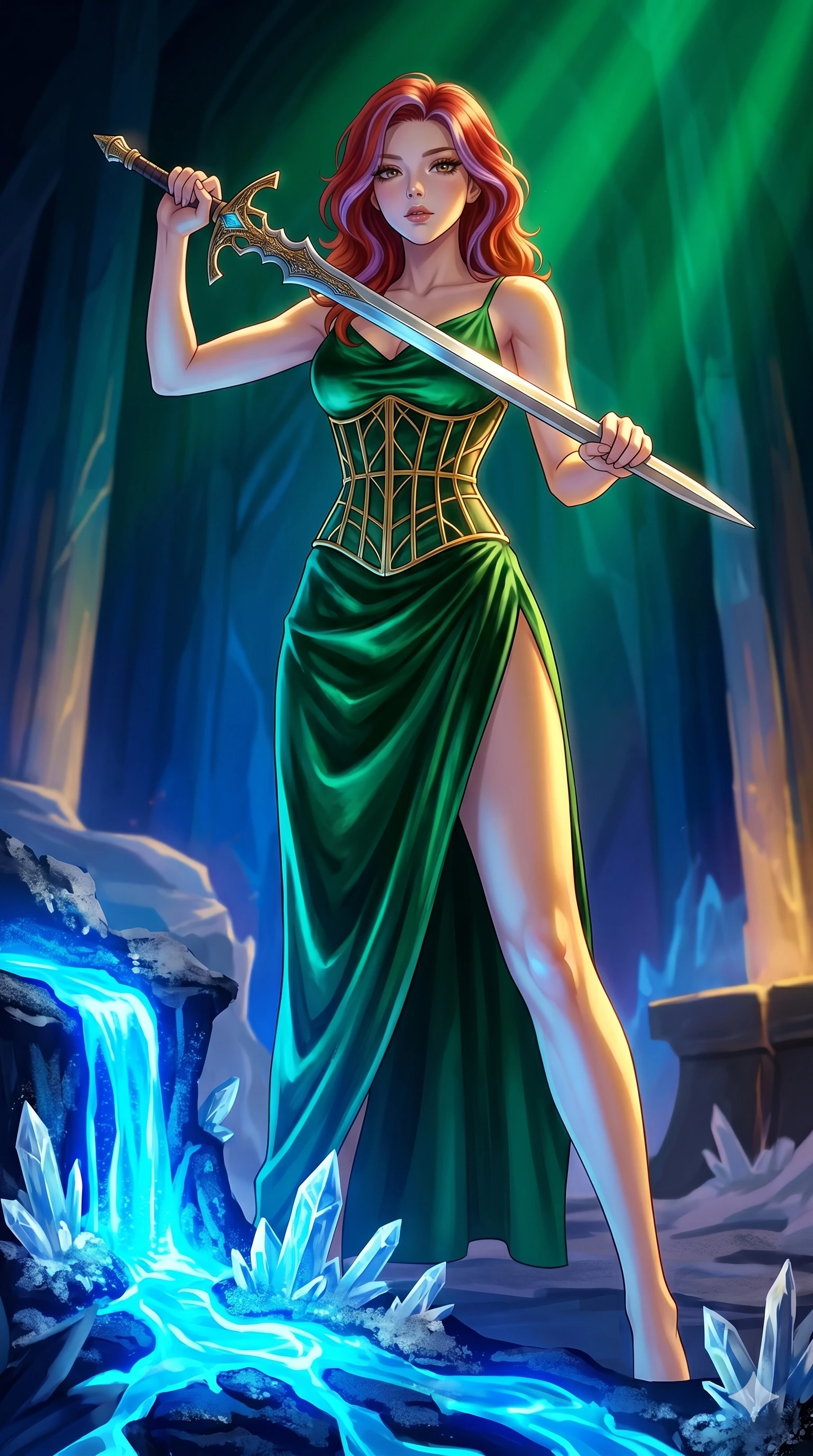 score_9, masterpiece, best quality, ultra-detailed, high-budget anime keyframe, Caucasian woman, strictly human ears. low angle full-body shot filling the entire 9:16 frame with her statuesque presence, stretching the vertical silhouette. forging in a prismatic ice-volcano temple where glowing cobalt-blue liquid magma flows between frozen blue ash crystals. She has an absolutely perfect 8-heads proportion, an exceptionally tall and slender female figure with impossibly long slender legs and an ultra-slim waist. V-shaped jawline, high-bridge nose, intricate jewel-like eyes with depth, thick eyelashes, glossy lips with a natural sheen.. wearing a mathematical gold wire cage corset and an emerald green silk velvet slip dress with a thigh-high side slit. accented by dynamic color-blocked lighting with high-contrast shadows emphasizing her statuesque height. 2k, ultra detail, master piece, 9:16 ratio