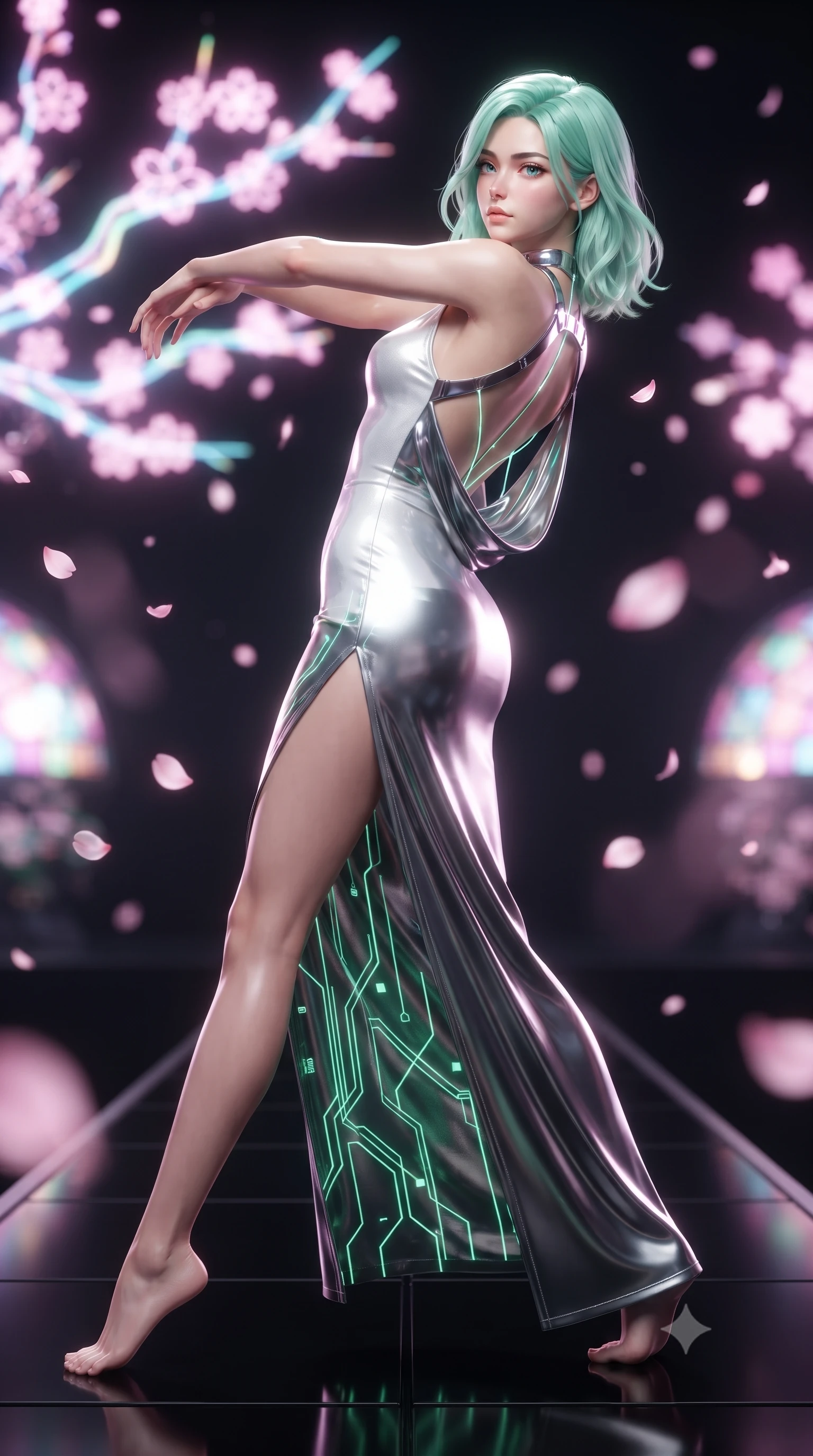 score_9, masterpiece, best quality, ultra-detailed, high-budget anime keyframe, editorial fashion photography, tasteful artistic composition, Japanese woman. low angle full-body shot from head to toe showing her feet, filling the entire 9:16 vertical frame with her statuesque presence, stretching her vertical silhouette. arching her spine in a fluid zero-gravity turn with sovereign grace, her long slender legs and sculpted torso creating a sweeping line while pivoting dynamically on a black glass runway as holographic cherry blossom branches branch out in glowing neon lines. The composition keeps background elements in soft focus with creamy bokeh. swirling digital sakura petals and glowing stained-glass dome facets blurred into dreamy magenta and pastel pink bokeh. She has an absolutely perfect, statuesque 8.5-heads proportion, an exceptionally tall and slender model-like female figure with impossibly long slender legs, a toned flat midriff, and an ultra-slim waist. sharp v-shaped jawline, high-bridge nose, intricate jewel-like eyes with depth, thick eyelashes, glossy lips with a natural sheen, flawlessly proportioned anatomical accuracy, strict slender model proportions, natural body alignment, perfectly sculpted long slender limbs, ultra-slim waistline, clean dynamic posture without body distortion. wearing a precision-fitted liquid jersey bodycon gown in radiant chrome and white, featuring an open cowl back and high side slit in radiant emerald green circuit lines and polished silver sheen, crafted from delicate iridescent organza interwoven with luminescent micro-fibers, reinforced by a sleek metallic chrome harness and delicate glowing micro-straps, the form-contouring material adhering flawlessly to her sculpted flat midriff and slender torso, emphasizing her long leg lines and perfectly proportioned willowy build. surrounded by an exotic, romantic, and breathtakingly stylish cyber-goddess aura. ultra-reflective glossy finish, specular highlights, dark metallic sheen, high-contrast stereoscopic depth, volumetric dynamic lighting, 2k, ultra detail, master piece, 9:16 ratio