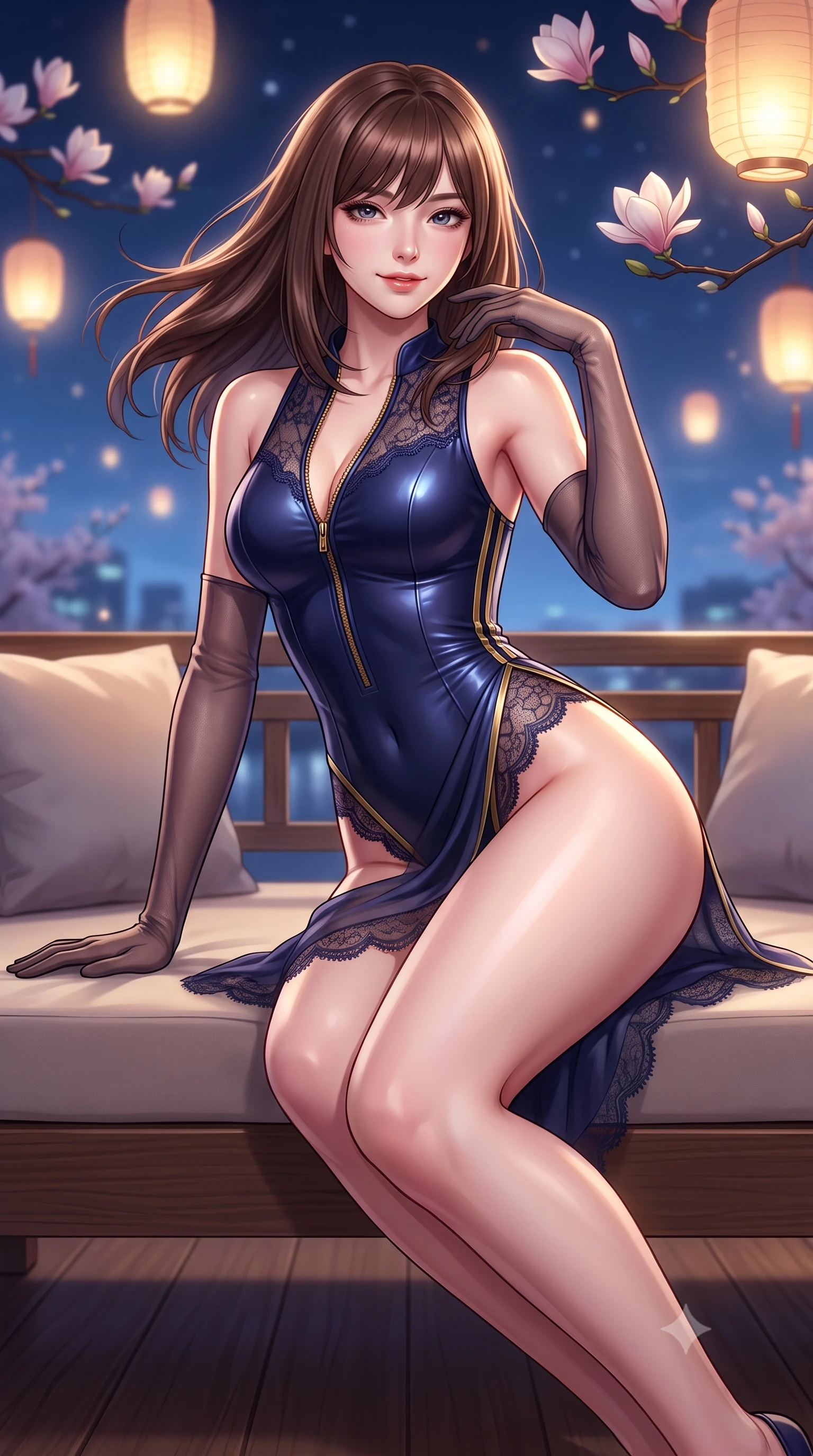 score_9, masterpiece, best quality, ultra-detailed, high-budget anime keyframe, semi-realistic 3D game render, editorial fashion photography, tasteful artistic composition, Korean woman. close-up cowboy shot from the waist and thighs up, the character dominates the composition, filling the frame with her large presence. turning slowly with an enchanting smoldering smile, her glossy hair tossing in the breeze as her hips angle gracefully in a captivating contrapposto while lounging across the low teak daybed propped on one hand, her long slender legs and flat midriff radiating effortless metropolitan siren elegance. The background shows a soft-focus glowing paper lanterns softened in romantic nocturnal sky-sanctuary shallow focus. She has an exceptionally elegant, slender, and willowy female figure with an ultra-slim waist, flat toned midriff, narrow ribcage, and sculpted feminine hips creating an alluring, slim hourglass silhouette without bulk. sharp v-shaped jawline, high-bridge nose, sparkling eyes with hypnotic seductive depth, thick curled eyelashes, glossy parted lips with a natural dewy peach sheen, alluring bedroom-eyes with an enchanting coquettish smile, exuding magnetic siren charisma and sophisticated glamour, flawlessly proportioned anatomical accuracy, strict slender model proportions, natural body alignment, perfectly sculpted long slender limbs, ultra-slim waistline, clean dynamic posture without body distortion. wearing a form-contouring wet-look neoprene zip-front maillot with high-cut leg openings and gold racing side trims in Austrian opera midnight indigo and antique brass, made of delicate semi-sheer French Chantilly lace with intricate eyelash edges, complemented by sheer opera-length evening gloves tracing her slender arms, the high-slit wrap tailoring accentuating her ultra-slim waistline and the enchanting curve of her feminine hips with alluring seductive charm. bathed in soft 2800K low-voltage garden ground spotlights highlighting magnolia branches mixed with cool river skyline glow. highly saturated vibrant anime colors, detailed shading with soft gradients, rich glossy textures, high-contrast stereoscopic depth, volumetric dynamic lighting, master piece, 9:16 ratio