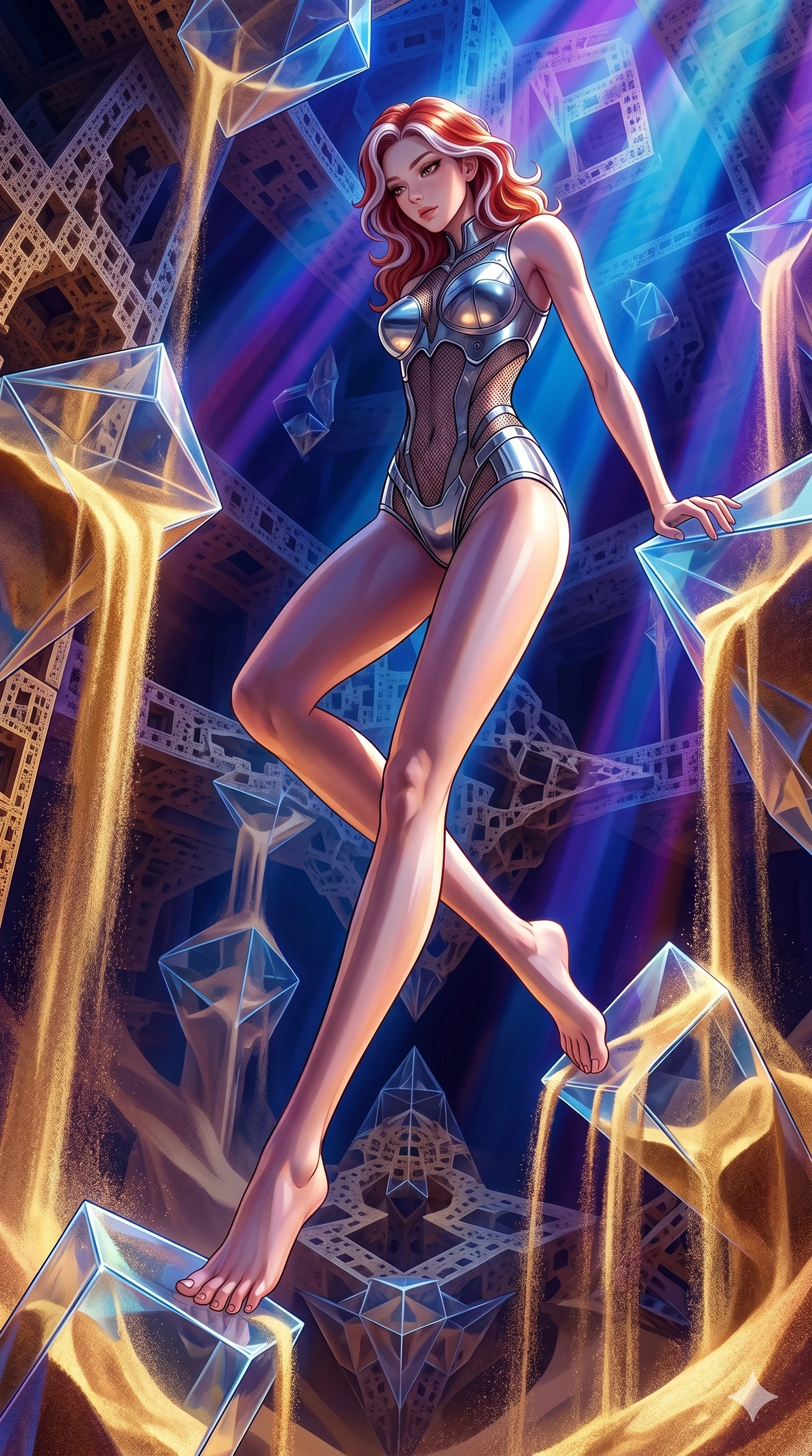 score_9, masterpiece, best quality, ultra-detailed, high-budget anime keyframe, Caucasian woman, strictly human ears. low angle full-body shot filling the entire 9:16 frame with her statuesque presence, stretching the vertical silhouette. descending through a fractal quicksand temple where golden sand waterfalls transform into glass crystals, revealing intricate repeating patterns. She has an absolutely perfect 8-heads proportion, an exceptionally tall and slender female figure with impossibly long slender legs and an ultra-slim waist. V-shaped jawline, high-bridge nose, intricate jewel-like eyes with depth, thick eyelashes, glossy lips with a natural sheen.. wearing a bionic chrome plate bodysuit, featuring silver chrome plates covering the bust and hips, connected by sheer black mesh panels. accented by dynamic color-blocked lighting with high-contrast shadows emphasizing her statuesque height. 2k, ultra detail, master piece, 9:16 ratio