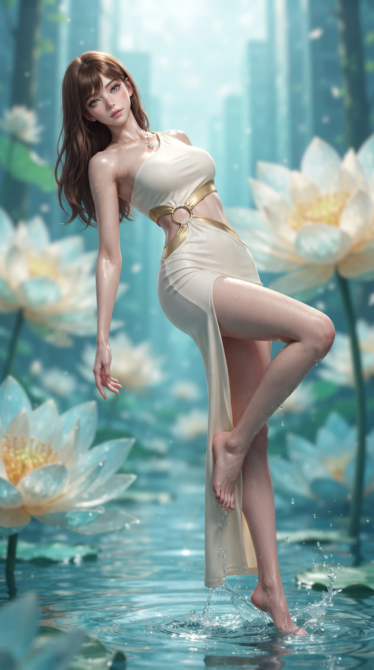 score_9, masterpiece, best quality, ultra-detailed, high-budget anime keyframe, editorial fashion photography, tasteful artistic composition, Korean woman. low angle full-body shot from head to toe showing her feet, filling the entire 9:16 vertical frame with her statuesque presence, stretching her vertical silhouette. reclining back languidly with one knee bent and spine arched in a breathtaking dancer line, commanding the entire 9:16 vertical frame while wading lightly into the shallow lotus pool, water splashing around her slender ankles in glittering droplets. The composition keeps background elements in soft focus with creamy bokeh. giant floating lotus blossoms and distant vertical forest skyscrapers blurred into crystalline turquoise, gold, and azure bokeh. She has an absolutely perfect, statuesque 8.5-heads proportion, an exceptionally tall and slender model-like female figure with impossibly long slender legs, a toned flat midriff, and an ultra-slim waist. sharp v-shaped jawline, high-bridge nose, intricate jewel-like eyes with depth, thick eyelashes, glossy parted lips with a natural sheen, intensely captivating and seductive expression, flawlessly proportioned anatomical accuracy, strict slender model proportions, natural body alignment, perfectly sculpted long slender limbs, ultra-slim waistline, clean dynamic posture without body distortion. wearing a modern goddess one-shoulder liquid-knit gown with an exposed midriff ring cutout in pristine ivory white and brushed brass gold, tailored from crisp structured cotton poplin with organic dye, complemented by a dainty solar crystal pendant resting near her collarbone, the form-contouring material adhering flawlessly to her sculpted flat midriff and slender torso, emphasizing her long leg lines and perfectly proportioned willowy build. illuminated by wet specular highlights accentuating her collarbones, waistline, and slender curves. ultra-reflective glossy finish, specular highlights, rich textural contrasts, high-contrast stereoscopic depth, volumetric dynamic lighting, 2k, ultra detail, master piece, 9:16 ratio