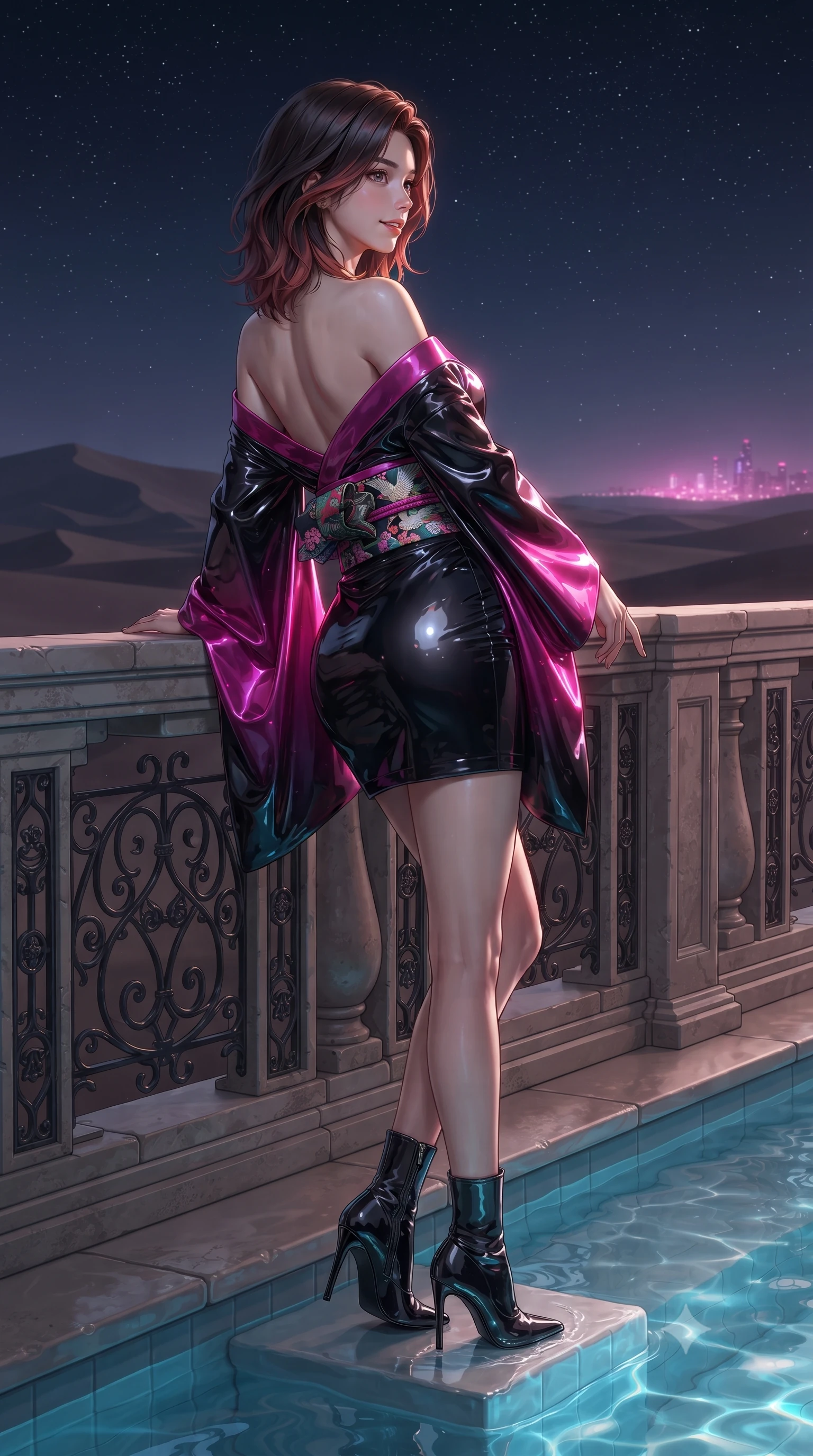 score_9, masterpiece, best quality, ultra-detailed, high-budget anime keyframe, editorial fashion photography, tasteful artistic composition, Korean woman. low angle full-body shot from head to toe showing her feet, filling the entire 9:16 vertical frame with her statuesque presence, stretching her vertical silhouette. leaning deep against the balcony balustrade with hips cocked back in an unapologetically alluring high-fashion stance, casting an intoxicating glance while standing poised on the submerged pool ledge looking out into the vast silent desert, arching her spine with nocturnal siren poise. The surrounding environment is rendered in vivid detail and crisp panoramic clarity: detailed criss-cross halter crop top texture, tulip mini skirt drape, and luxury conservation architecture in razor-sharp precision. She has an exceptionally tall and slender model-like 8.5-heads proportion, an ultra-slim waist, a flat toned midriff, narrow delicate ribcage, and beautifully sculpted feminine hips creating a graceful, slim hourglass silhouette without any bulky heaviness, with impossibly long slender legs. sharp v-shaped jawline, high-bridge nose, intricate jewel-like sparkling eyes with depth, thick eyelashes, glossy parted lips with a natural peach sheen, bright cheerful beaming smile with an enchanting and coquettish sensual glint, exuding both youthful cute charm and seductive allure, flawlessly proportioned anatomical accuracy, strict slender model proportions, natural body alignment, perfectly sculpted long slender limbs, ultra-slim waistline, clean dynamic posture without body distortion. wearing a backless Japanese silk robe-inspired cocktail dress slipping gracefully off bare shoulders with a cinched obi belt in Tokyo neon cyber magenta and glossy obsidian black, crafted from wet-look high-gloss vinyl fabric with dazzling specular surface reflections, complemented by sleek patent leather stiletto ankle boots accentuating her long slender calves, the second-skin tailored fabric adhering flawlessly to her sculpted flat midriff and slender torso, emphasizing her long leg lines and perfectly proportioned willowy build. illuminated by pool caustics bounce and crisp silver-gold rim lights defining her razor-sharp jawline, narrow waist, and curvy hips. ultra-reflective glossy finish, specular highlights, rich textural contrasts, high-contrast stereoscopic depth, volumetric dynamic lighting, 2k, ultra detail, master piece, 9:16 ratio