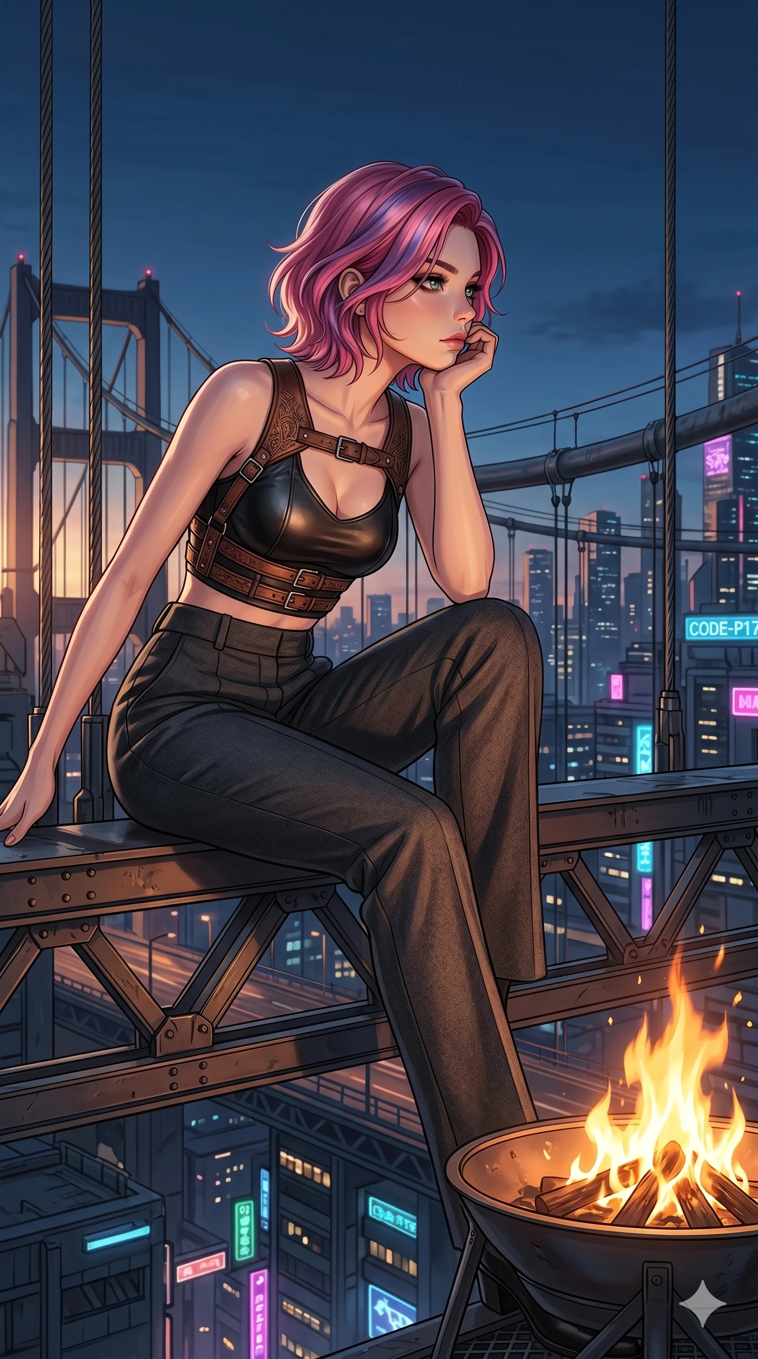 score_9, masterpiece, best quality, ultra-detailed, high-budget anime keyframe, editorial fashion photography, tasteful artistic composition, Caucasian woman, strictly human ears. cowboy shot from the thighs up, character and outfit filling the frame for maximum editorial presence. sitting near the fire, resting her chin on her hand on a steel suspension bridge overlooking a neon metropolis (Code-P17-072). She has an absolutely perfect 8-heads proportion, an exceptionally tall and slender female figure with impossibly long slender legs and an ultra-slim waist. V-shaped jawline, high-bridge nose, intricate jewel-like eyes with depth, thick eyelashes, glossy lips with a natural sheen. wearing a high-fashion leather harness over a crop top and high-waist trousers. dramatic chiaroscuro lighting from the setting sun, accentuating her statuesque height. 2k, ultra detail, master piece, 9:16 ratio