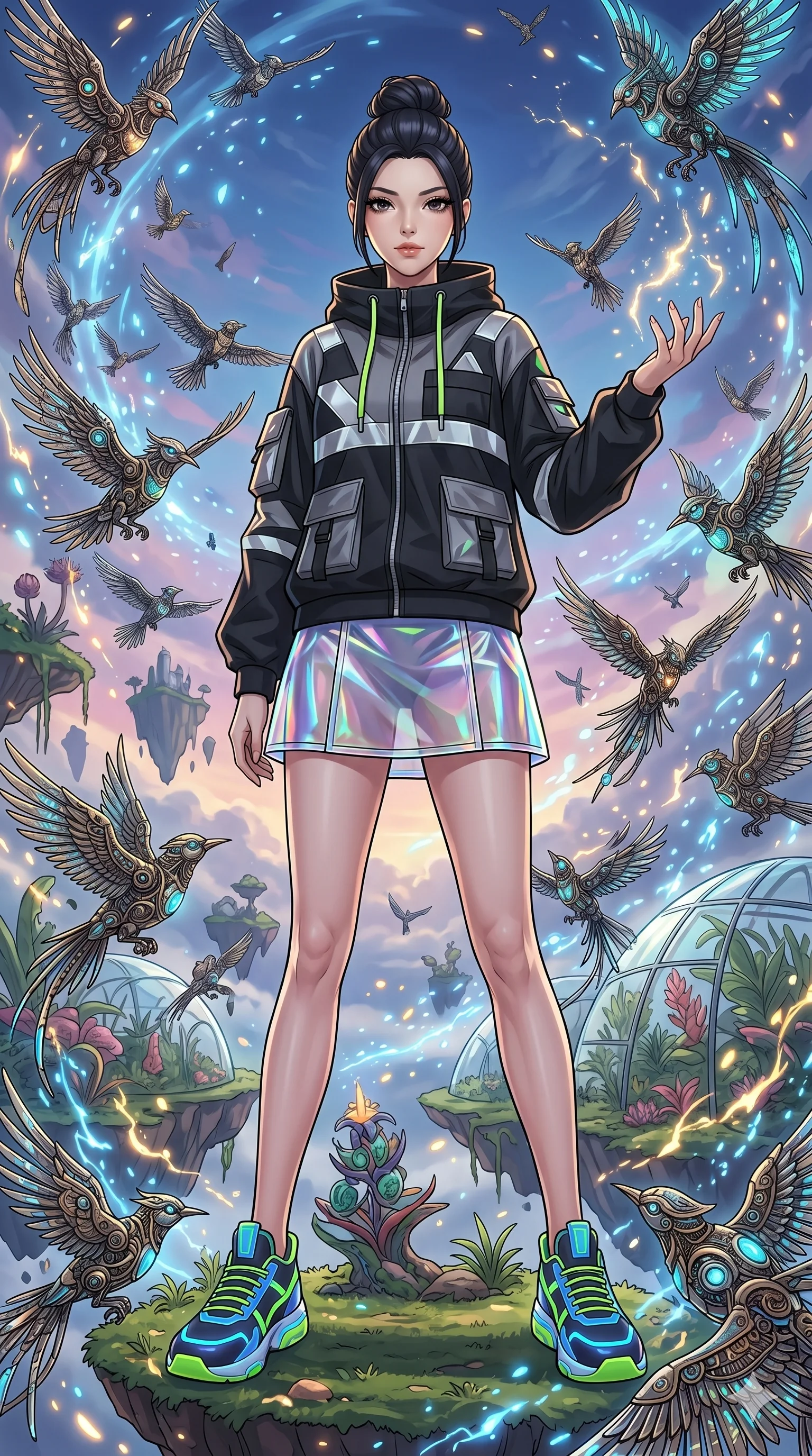 score_9, masterpiece, best quality, ultra-detailed, Set A: High-budget Anime Keyframe, Korean woman. Low angle cowboy shot filling the entire 9:16 frame with her statuesque presence. Standing victoriously through a floating botanical garden, surrounded by a whirlwind of 212 mechanical birds and surrounded by glowing energy sparks. She has an absolutely perfect 8-heads proportion, an exceptionally tall and slender female figure with impossibly long slender legs and an ultra-slim waist. Sharp v-shaped jawline, high-bridge nose, intricate jewel-like eyes with depth, thick eyelashes, glossy lips with a natural sheen. Wearing Streetwear tech-hoodie with a transparent PVC skirt and neon sneakers. Cinematic lighting, vibrant colors, dramatic shadows, 2k, ultra detail, master piece, 9:16 ratio