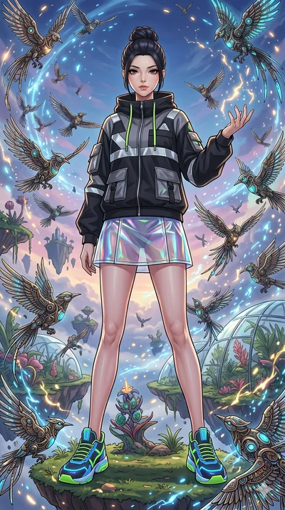 score_9, masterpiece, best quality, ultra-detailed, Set A: High-budget Anime Keyframe, Korean woman. Low angle cowboy shot filling the entire 9:16 frame with her statuesque presence. Standing victoriously through a floating botanical garden, surround