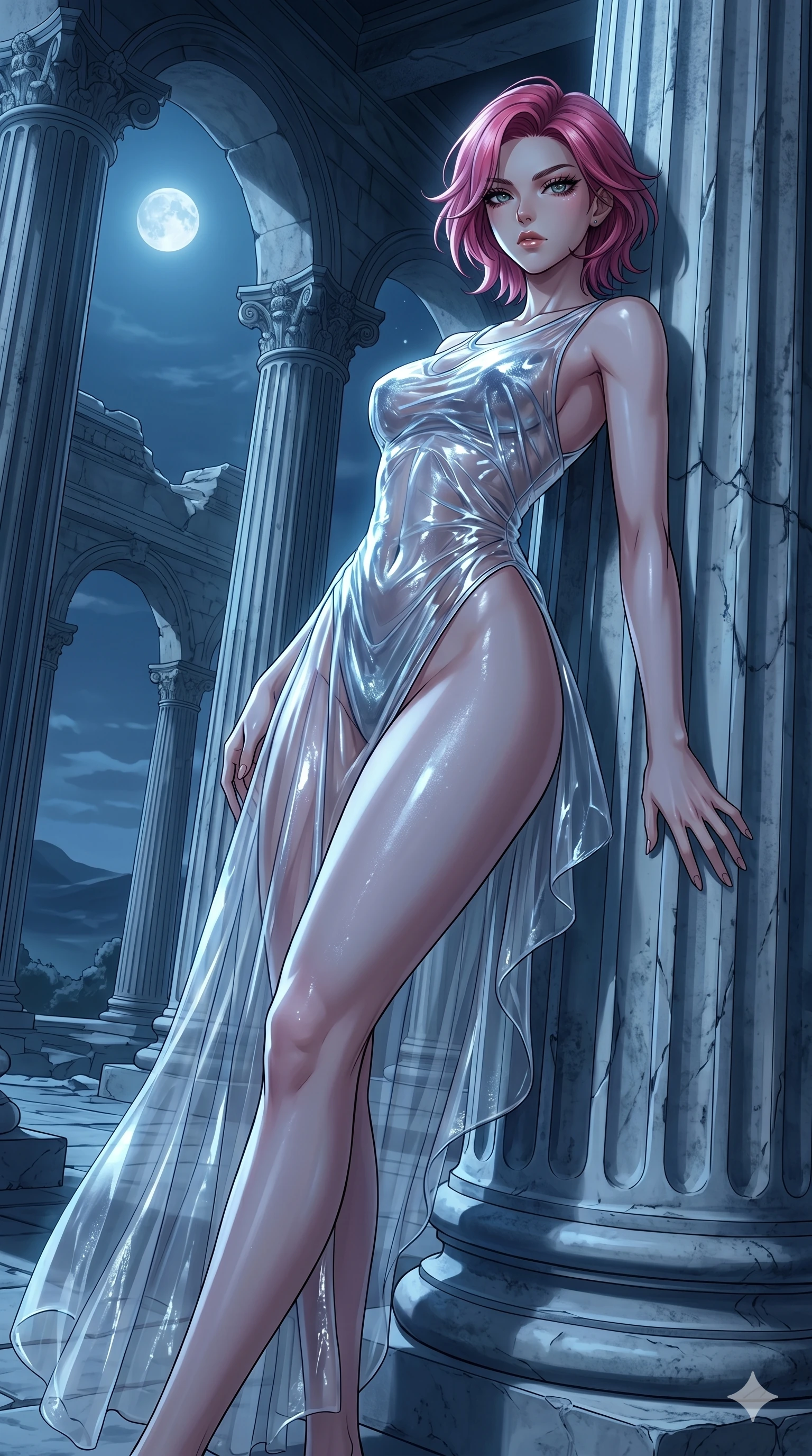 score_9, masterpiece, best quality, ultra-detailed, High-budget Anime Keyframe, East Asian woman. Low angle cowboy shot filling the entire 9:16 frame with her statuesque presence. Scenario 193: Leaning against a cold marble pillar in a moonlit greek temple. Her presence is magnetic and overpowering in this high-budget anime scene. Outfit 193: A sheer organza liquid with a high-cut leg line and wet-look texture. The clothing is designed to emphasize her exceptionally tall and slender 8-heads proportion. 8-heads proportion, towering silhouette, ultra-slim waist. sharp v-shaped jawline, intricate jewel-like eyes with depth, thick eyelashes, glossy lips. 2k, ultra detail, master piece, 9:16 ratio