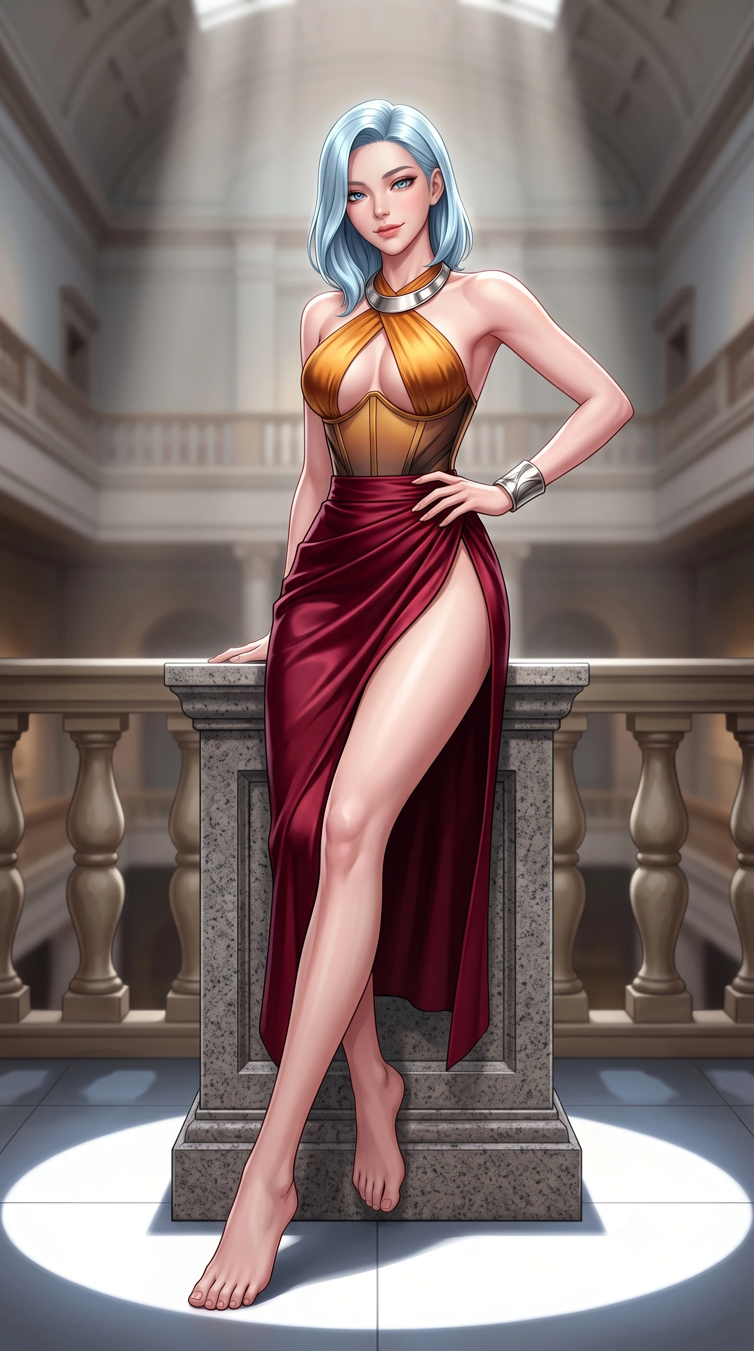 score_9, masterpiece, best quality, ultra-detailed, high-budget anime keyframe, semi-realistic 3D game render, editorial fashion photography, tasteful artistic composition, Korean woman. low angle full-body shot from head to toe showing her feet, filling the entire 9:16 vertical frame with her statuesque presence, stretching her vertical silhouette. leaning deep against the balcony balustrade with hips cocked back in an unapologetically alluring high-fashion stance, casting an intoxicating glance while perched sideways on an empty granite pedestal with legs crossed, one hand resting on her hip with supermodel disdain and allure. The background shows a soft-focus high ceiling space softened in cavernous museum shallow focus. She has an absolutely perfect, statuesque 8.5-heads proportion, an exceptionally tall and slender model-like female figure with impossibly long slender legs, an ultra-slim waist, a flat toned midriff, narrow delicate ribcage, and beautifully sculpted feminine hips creating a graceful, slim hourglass silhouette without any bulky heaviness. sharp v-shaped jawline, high-bridge nose, sparkling eyes with hypnotic seductive depth, thick curled eyelashes, glossy parted lips with a natural dewy peach sheen, alluring bedroom-eyes with an enchanting coquettish smile, exuding magnetic siren charisma and sophisticated glamour, flawlessly proportioned anatomical accuracy, strict slender model proportions, natural body alignment, perfectly sculpted long slender limbs, ultra-slim waistline, clean dynamic posture without body distortion. wearing a high-waisted dark crimson satin wrap sarong skirt with hip-high slit paired with a plunging criss-cross halter corset in warm amber honey and antique gold leaf with dark shadow gradients, made of semi-opaque stretch illusion mesh with soft shadowy contours, finished with a sculptural silver torque collar and a matching wide architectural wrist cuff, the high-slit wrap tailoring accentuating her ultra-slim waistline and the enchanting curve of her feminine hips with alluring seductive charm. bathed in dramatic spotlighting casting crisp geometric pooling circles of white light on the floor. highly saturated vibrant anime colors, detailed shading with soft gradients, rich glossy textures, high-contrast stereoscopic depth, volumetric dynamic lighting, master piece, 9:16 ratio