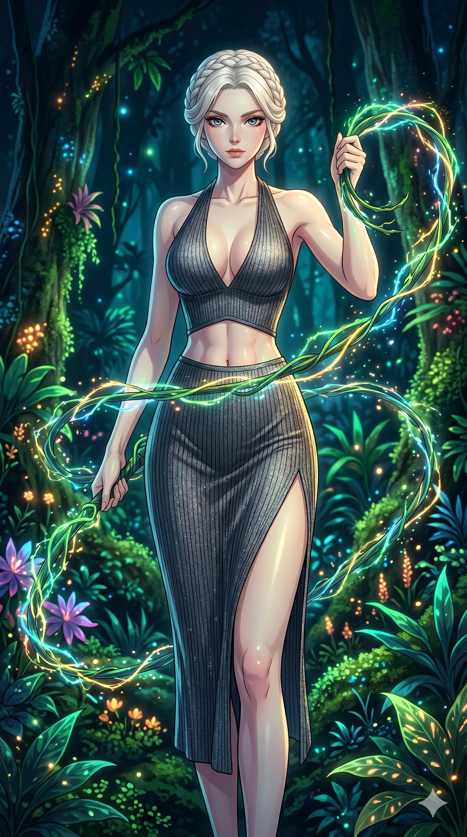 score_9, masterpiece, best quality, ultra-detailed, High-budget Anime Keyframe, vibrant colors, fluid line-art, expressive lighting, cinematic composition, Ufotable-style visual effects, top-tier animation quality, Japanese woman with delicate and elegant anime-inspired features. Upper body close-up from the thighs up, character filling the screen for maximum presence. Wielding a glowing vine whip that crackles with bioluminescent energy, devoid of thorns. She has an absolutely perfect 8-heads proportion, an exceptionally tall and slender female figure with impossibly long slender legs and an ultra-slim waist, her statuesque height and towering silhouette dominating the vertical 9:16 frame. Her face is a masterpiece featuring a sharp v-shaped jawline, high-bridge nose, intricate jewel-like eyes with depth, thick eyelashes, and glossy lips with a natural sheen. She is wearing a Ribbed knit bodycon midi dress with a deep-V neck halter top, featuring an exposed midriff and a dangerous high slit.. The scene is set in a bioluminescent jungle where every leaf and flower glows with a unique frequency. 2k, ultra detail, master piece, 9:16 ratio