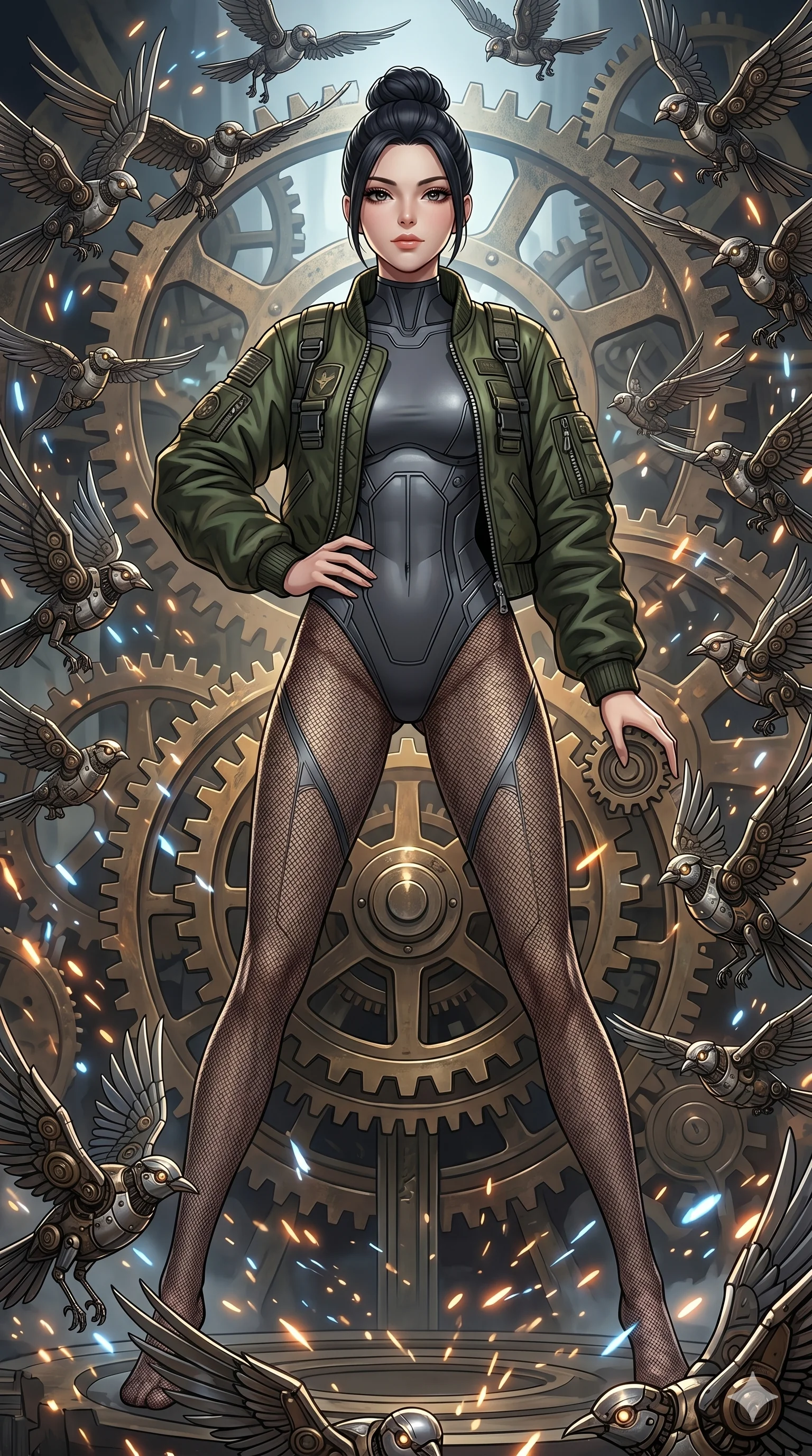 score_9, masterpiece, best quality, ultra-detailed, Set A: High-budget Anime Keyframe, Caucasian (strictly human ears) woman. Low angle cowboy shot filling the entire 9:16 frame with her statuesque presence. Standing victoriously through a throne of gears, surrounded by a whirlwind of 292 mechanical birds and surrounded by glowing energy sparks. She has an absolutely perfect 8-heads proportion, an exceptionally tall and slender female figure with impossibly long slender legs and an ultra-slim waist. Sharp v-shaped jawline, high-bridge nose, intricate jewel-like eyes with depth, thick eyelashes, glossy lips with a natural sheen. Wearing Heavy tactical bomber jacket worn over a micro-bodysuit with mesh stockings. Cinematic lighting, vibrant colors, dramatic shadows, 2k, ultra detail, master piece, 9:16 ratio