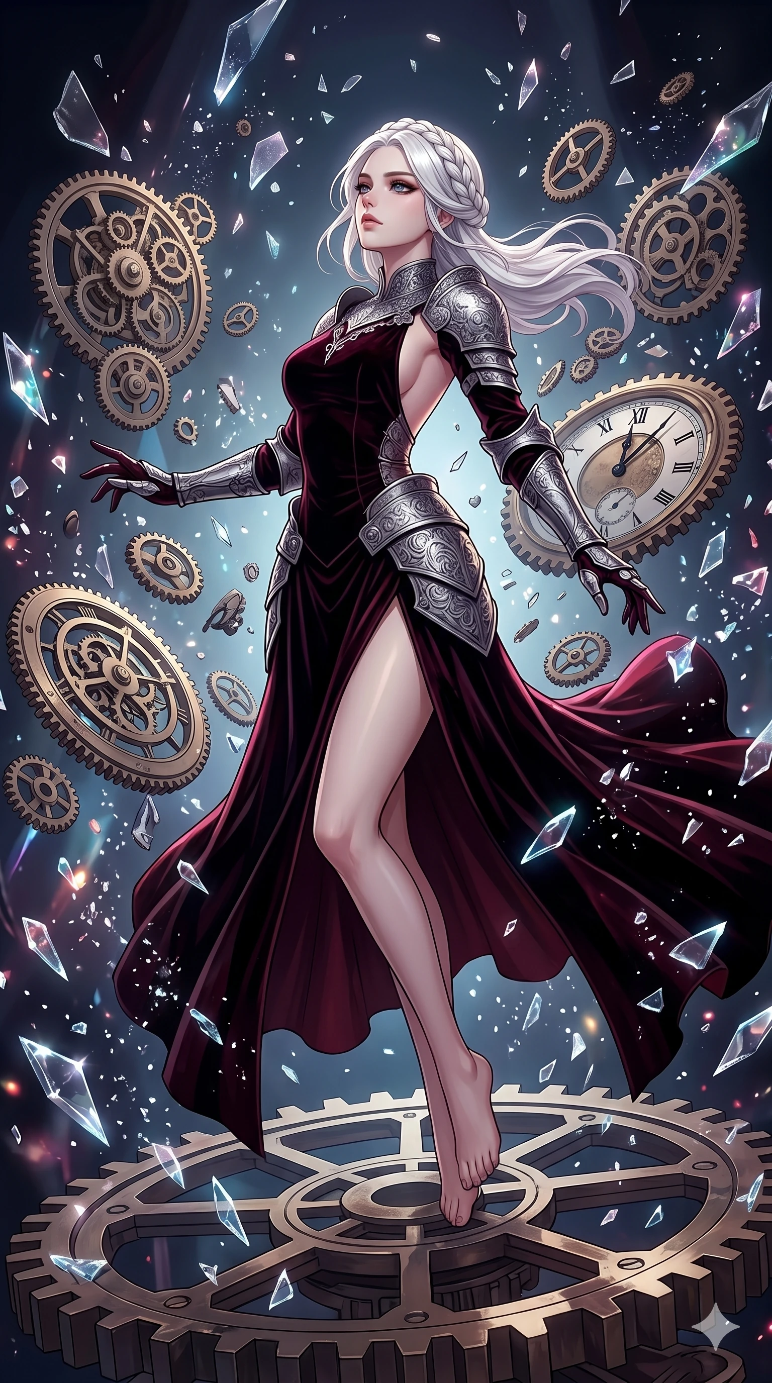 score_9, masterpiece, best quality, ultra-detailed, Set A: High-budget Anime Keyframe, Japanese woman. Low angle cowboy shot filling the entire 9:16 frame with her statuesque presence. Floating through a throne of gears, as gravity fails and everything around her floats in state 196 and surrounded by shattered glass fragments. She has an absolutely perfect 8-heads proportion, an exceptionally tall and slender female figure with impossibly long slender legs and an ultra-slim waist. Sharp v-shaped jawline, high-bridge nose, intricate jewel-like eyes with depth, thick eyelashes, glossy lips with a natural sheen. Wearing Backless velvet gown with silver engraved plate armor pieces and a high side slit. Cinematic lighting, vibrant colors, dramatic shadows, 2k, ultra detail, master piece, 9:16 ratio