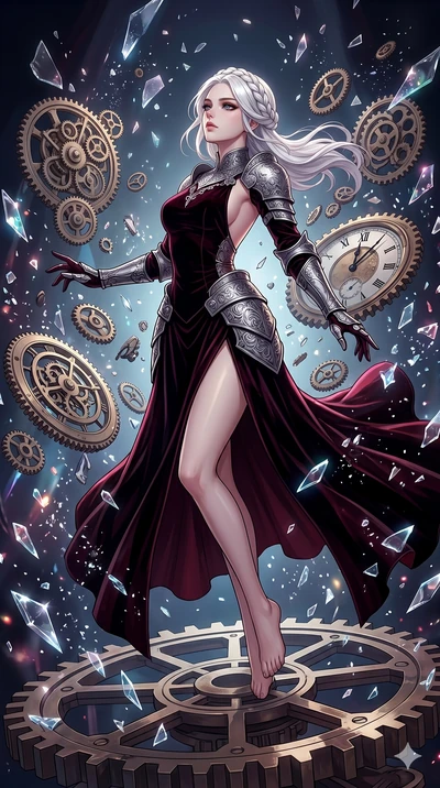score_9, masterpiece, best quality, ultra-detailed, Set A: High-budget Anime Keyframe, Japanese woman. Low angle cowboy shot filling the entire 9:16 frame with her statuesque presence. Floating through a throne of gears, as gravity fails and everythi