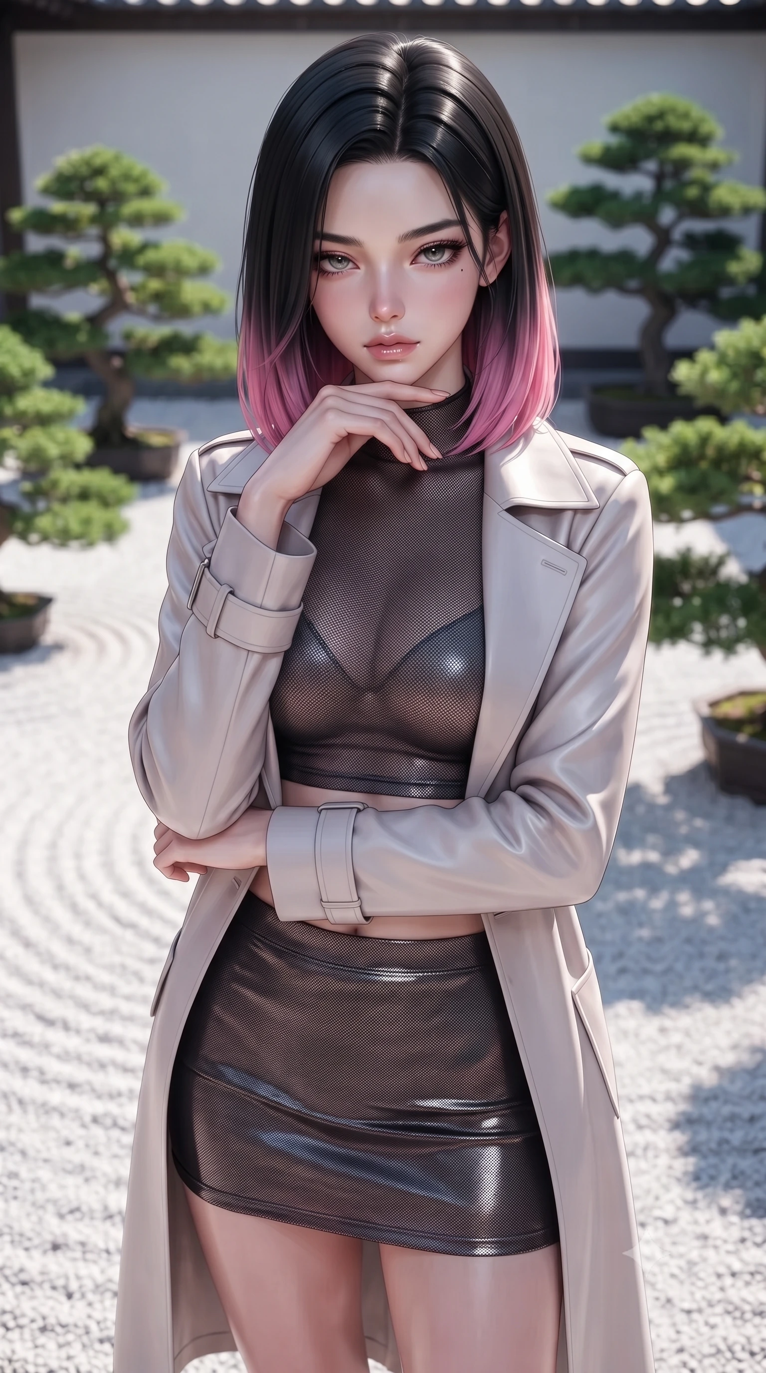 score_9, masterpiece, best quality, ultra-detailed, high-budget anime keyframe, editorial fashion photography, tasteful artistic composition, Korean woman woman. close-up cowboy shot from the waist and thighs up, the character dominates the composition, filling the frame with her large presence, background elements kept in soft focus. resting her chin on the backs of her fingers, casting a heavy-lidded, sultry look past the camera the background shows a soft-focus a white raked gravel courtyard with structured green bonsai trees in a quiet villa yard. She has an exceptionally elegant, slender, and willowy female figure with an ultra-slim waist, a gracefully sculpted slender torso, and a refined silhouette. sharp v-shaped jawline, high-bridge nose, intricate jewel-like eyes with depth, thick eyelashes, glossy lips with a natural sheen. wearing a tailored semi-opaque dark mesh crop top paired with a mini skirt, layered with a tailored light trench coat. crisp morning sunlight casting sharp, clean shadows across the gravel. ultra-reflective glossy finish, specular highlights, metallic sheen, high-contrast stereoscopic depth, volumetric dynamic lighting, 2k, ultra detail, master piece, 9:16 ratio