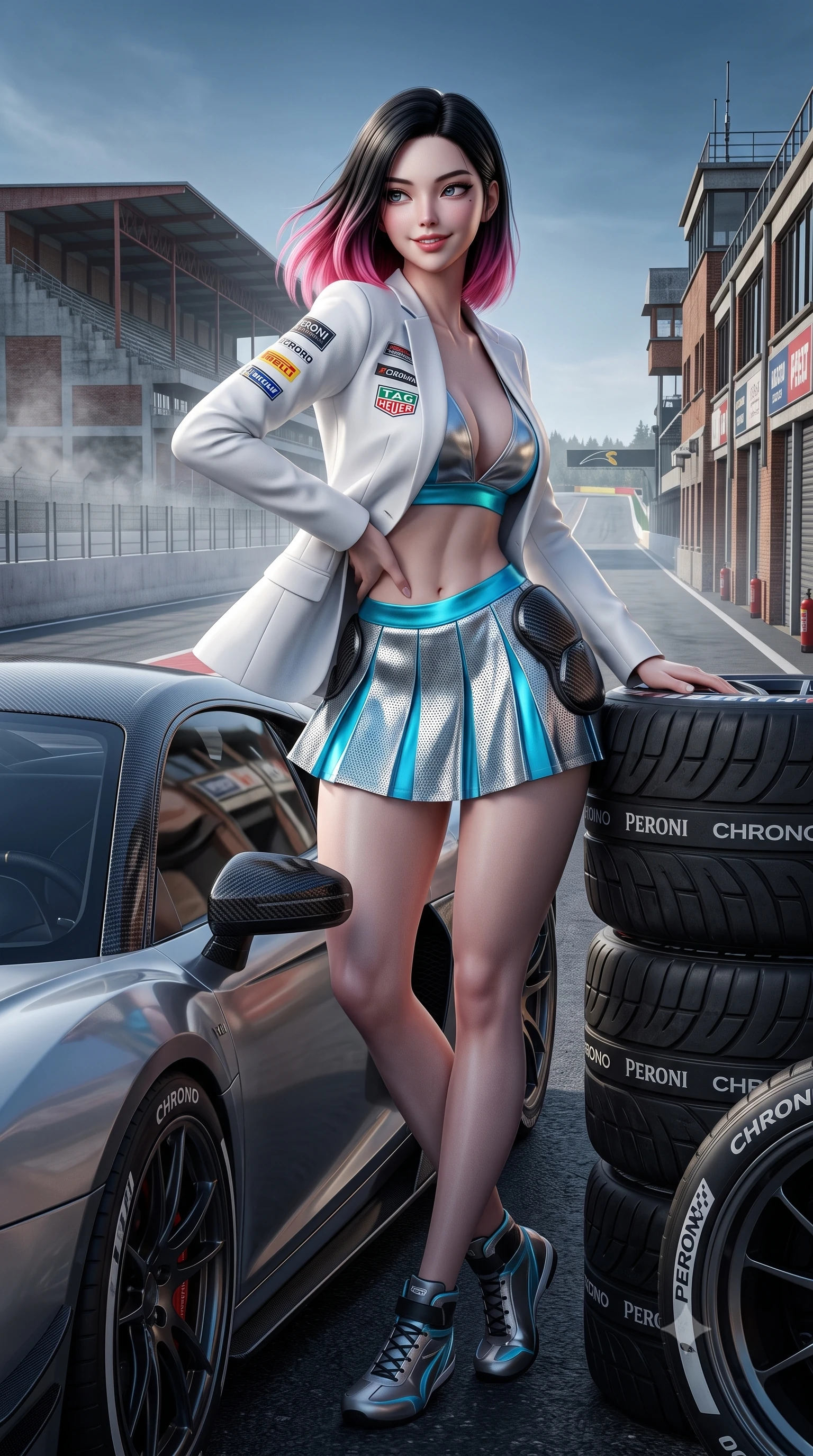 score_9, masterpiece, best quality, ultra-detailed, high-budget anime keyframe, semi-realistic 3D game render, editorial fashion photography, tasteful artistic composition, Korean woman. low angle full-body shot from head to toe showing her feet, filling the entire 9:16 vertical frame with her statuesque presence, stretching her vertical silhouette. standing in a tall, confident posture with one hand on the sports car roof, stretching her statuesque body as she arches her lower back to emphasize her sculpted feminine hips and slender waist while leaning against the pit wall tire stack with hips cocked back, looking over a bare shoulder with an intoxicating, adrenaline-charged smile. The surrounding environment is rendered in vivid detail and crisp panoramic clarity: detailed racing jacket embroidery, misty droplets on visor, and historic Belgian circuit infrastructure in high resolution. She has an absolutely perfect, statuesque 8.5-heads proportion, an exceptionally tall and slender model-like female figure with impossibly long slender legs, an ultra-slim waist, a flat toned midriff, narrow delicate ribcage, and beautifully sculpted feminine hips creating a graceful, slim hourglass silhouette without any bulky heaviness. sharp v-shaped jawline, high-bridge nose, sparkling eyes with athletic focus and depth, thick curled eyelashes, glossy parted lips with a natural coral-peach sheen, bright confident and coquettish smile with alluring bedroom-eyes, exuding both youthful sporty vigor and sovereign high-society glamour, flawlessly proportioned anatomical accuracy, strict slender model proportions, natural body alignment, perfectly sculpted long slender limbs, ultra-slim waistline, clean dynamic posture without body distortion. wearing a tailored white blazer worn open over a plunging racing bandeau top and pleated tennis micro-skirt in metallic liquid silver and electric cyan, woven from semi-opaque performance athletic mesh with hexagonal micro-perforations, accented with sleek aerodynamic carbon-fiber hip pads framing her narrow waist, the glove-like aerodynamic silhouette tightly following the natural contour of her hips and long slender legs with youthful 8.5-heads elegance. illuminated by track reflections and sharp crystalline rim lights carving her razor-sharp jawline, narrow waist, and curvy hips. highly saturated vibrant anime colors, detailed shading with soft gradients, rich glossy textures, high-contrast stereoscopic depth, volumetric dynamic lighting, master piece, 9:16 ratio