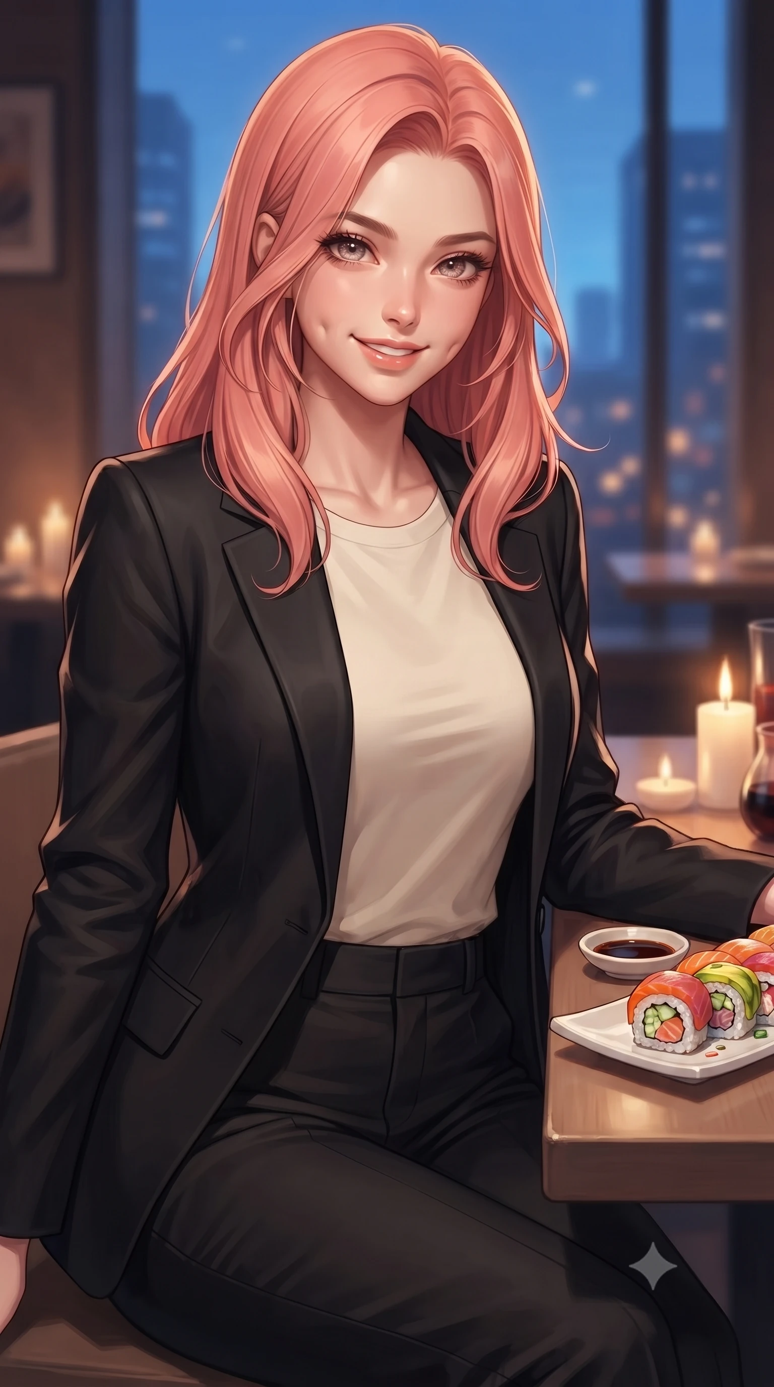 score_9, masterpiece, best quality, ultra-detailed, high-budget anime keyframe, editorial fashion photography, tasteful artistic composition, Japanese woman. close-up cowboy shot from the waist and thighs up, the character dominates the composition, filling the frame with her large presence, background elements kept in soft focus. smiling with soft, captivating dimples, casting a warm yet magnetic gaze directly into the lens set against a soft-focus background of inside a warm family restaurant filled with the smell of fresh pizza with a plate of colorful sushi rolls and a small dish of soy sauce on the table. She has an exceptionally elegant, slender, and willowy female figure with an ultra-slim waist, a gracefully sculpted slender torso, and a refined silhouette. sharp v-shaped jawline, high-bridge nose, intricate jewel-like eyes with depth, thick eyelashes, glossy lips with a natural sheen. wearing tailored classic tailored blazer in black, worn over a simple cream tee and tailored pants. soft candle light clashing with the cool blue city twilight sky outside. ultra-reflective glossy finish, specular highlights, metallic sheen, high-contrast stereoscopic depth, volumetric dynamic lighting, 2k, ultra detail, master piece, 9:16 ratio