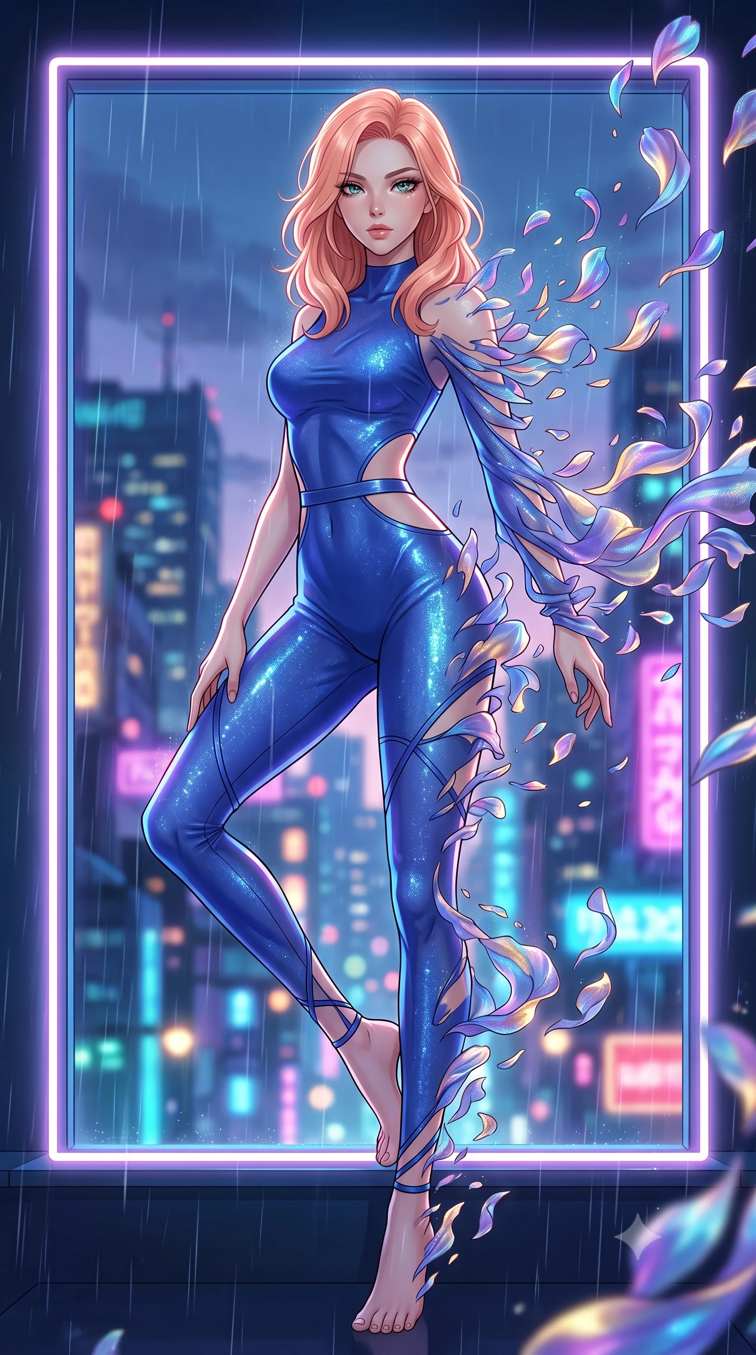 score_9, masterpiece, best quality, ultra-detailed, High-budget Anime Keyframe, East Asian woman. Dynamic full-body shot stretching the vertical silhouette to the limit. Scenario 420: dissolving into a cloud of iridescent silk petals inside a glowing neon window at twilight with soft rain falling. Her presence is magnetic and overpowering in this high-budget anime scene. Outfit 420: a slim-fit cobalt blue shimmering chiffon catsuit with strategic waist cut-outs and slender leg straps. The clothing is designed to emphasize her exceptionally tall and slender 8-heads proportion. 8-heads proportion, towering silhouette, ultra-slim waist. sharp v-shaped jawline, intricate jewel-like eyes with depth, thick eyelashes, glossy lips. 2k, ultra detail, master piece, 9:16 ratio