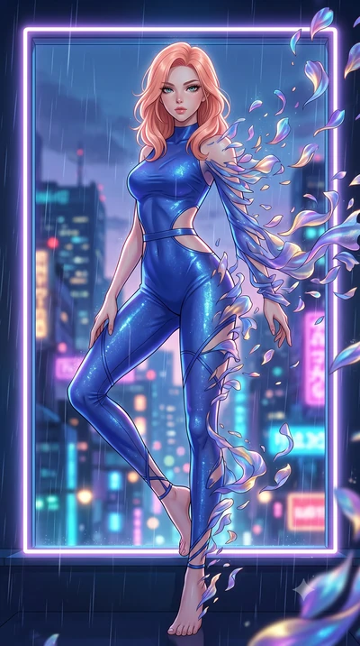 score_9, masterpiece, best quality, ultra-detailed, High-budget Anime Keyframe, East Asian woman. Dynamic full-body shot stretching the vertical silhouette to the limit. Scenario 420: dissolving into a cloud of iridescent silk petals inside a glowing