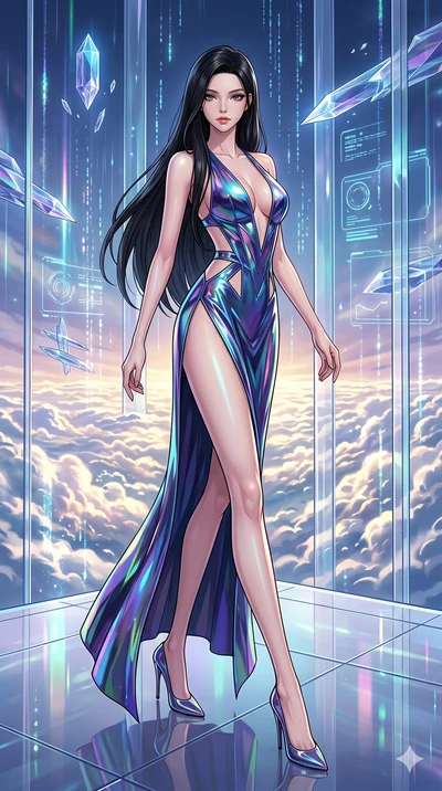 score_9, masterpiece, best quality, ultra-detailed, high-budget anime movie keyframe, cinematic anime lighting, intricate line art, Korean anime girl. Dynamic full-body shot stretching the vertical silhouette across the 9:16 frame. navigating a sea o