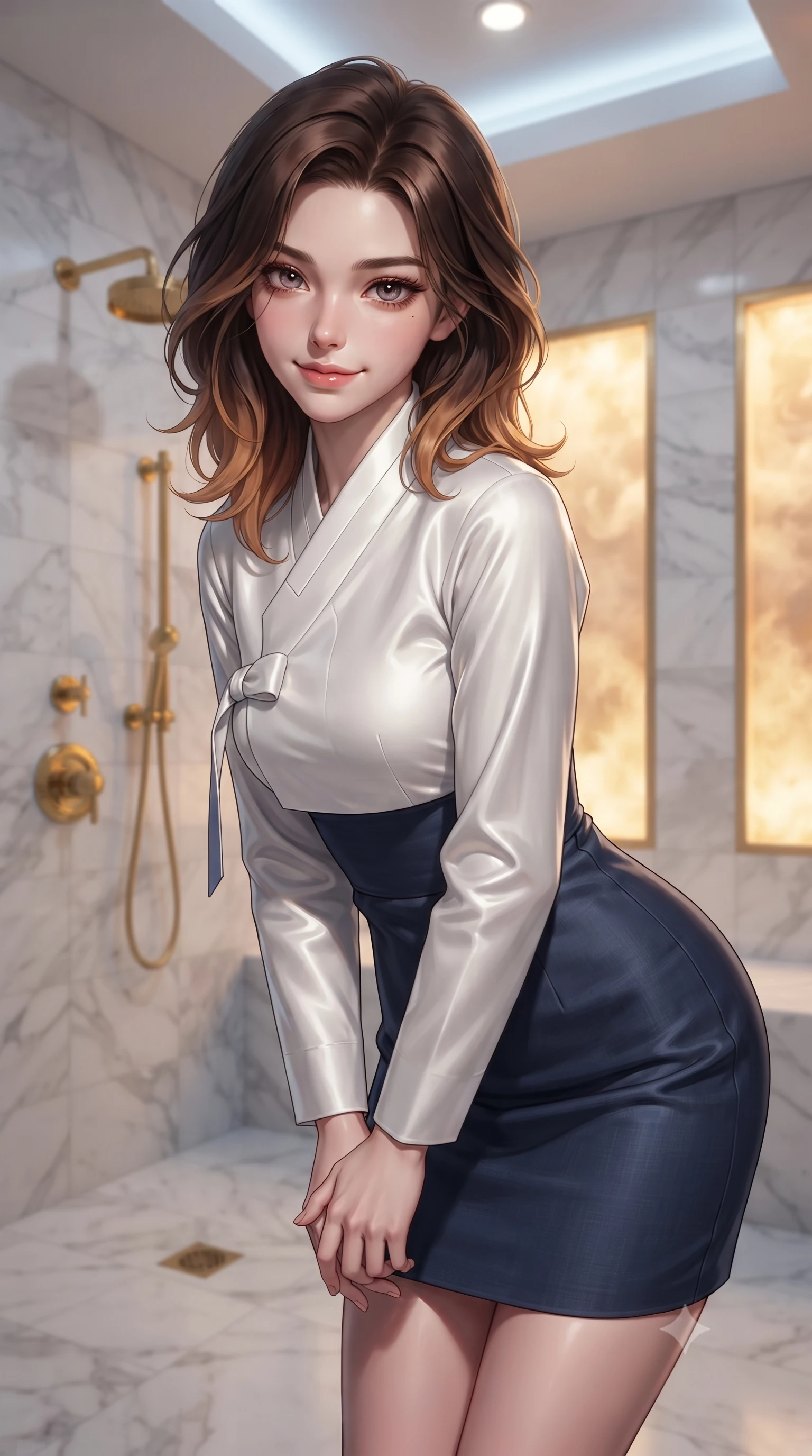 score_9, masterpiece, best quality, ultra-detailed, high-budget anime keyframe, editorial fashion photography, tasteful artistic composition, Korean woman woman. close-up cowboy shot from the waist and thighs up, the character dominates the composition, filling the frame with her large presence, background elements kept in soft focus. leaning slightly forward with a playful, teasing smile, her gaze locked onto the viewer the background shows a soft-focus a spacious steam shower room built of white Carrara marble and gold brass fixtures. She has an exceptionally elegant, slender, and willowy female figure with an ultra-slim waist, a gracefully sculpted slender torso, and a refined silhouette. sharp v-shaped jawline, high-bridge nose, intricate jewel-like eyes with depth, thick eyelashes, glossy lips with a natural sheen. wearing a body-hugging modern fusion hanbok dress with a navy blue linen skirt and a high-neck white silk jeogori wrapper. cool ambient ceiling light contrasting with the warm glow from the steam panels. ultra-reflective glossy finish, specular highlights, metallic sheen, high-contrast stereoscopic depth, volumetric dynamic lighting, 2k, ultra detail, master piece, 9:16 ratio