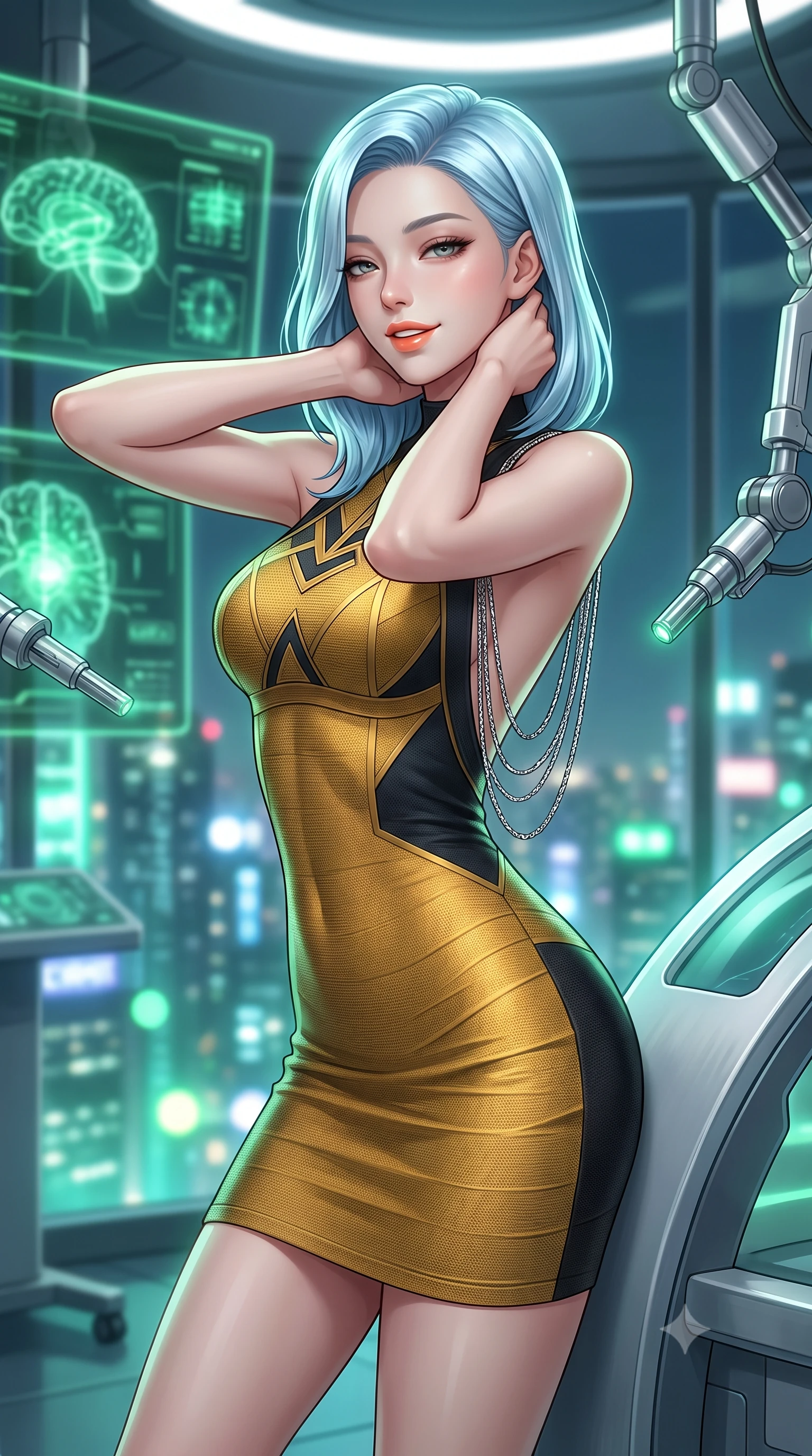 score_9, masterpiece, best quality, ultra-detailed, high-budget anime keyframe, semi-realistic 3D game render, editorial fashion photography, tasteful artistic composition, Korean woman. close-up cowboy shot from the waist and thighs up, the character dominates the composition, filling the frame with her large presence. resting both hands lightly behind her neck with elbows raised, arching her spine to highlight her narrow waist, flat midriff, and breathtaking collarbones while leaning against the curved examination pod with hips cocked back, gazing through the panoramic smart-tint glass at the glowing city below with heavy-lidded bedroom-eyes. The background shows a soft-focus glowing green neurological holographic displays, articulated chrome surgical laser pods, and panoramic city lights through glass blurred into emerald, platinum, and cobalt bokeh. She has an exceptionally elegant, slender, and willowy female figure with an ultra-slim waist, flat toned midriff, narrow ribcage, and sculpted feminine hips creating an alluring, slim hourglass silhouette without bulk. sharp v-shaped jawline, high-bridge nose, intricate jewel-like sparkling eyes with depth, thick eyelashes, glossy parted lips with a natural peach sheen, bright cheerful beaming smile with an enchanting and coquettish sensual glint, exuding both youthful cute charm and seductive allure, flawlessly proportioned anatomical accuracy, strict slender model proportions, natural body alignment, perfectly sculpted long slender limbs, ultra-slim waistline, clean dynamic posture without body distortion. wearing a dense bandage-knit tactical officer dress with subtle geometric chest accents contouring her delicate ribcage and feminine hips in solar-wind gold and deep space void black, tailored from high-density tech-wool with subtle metallic thread weave, accented with an open-back drape framed by falling strands of delicate chrome chains, the bespoke structured tailoring following the natural line of her 8.5-heads silhouette with refined elegance. bathed in pristine 6000K clinical white light combined with soft emerald holographic ambient glow. highly saturated vibrant anime colors, detailed shading with soft gradients, rich glossy textures, high-contrast stereoscopic depth, volumetric dynamic lighting, master piece, 9:16 ratio