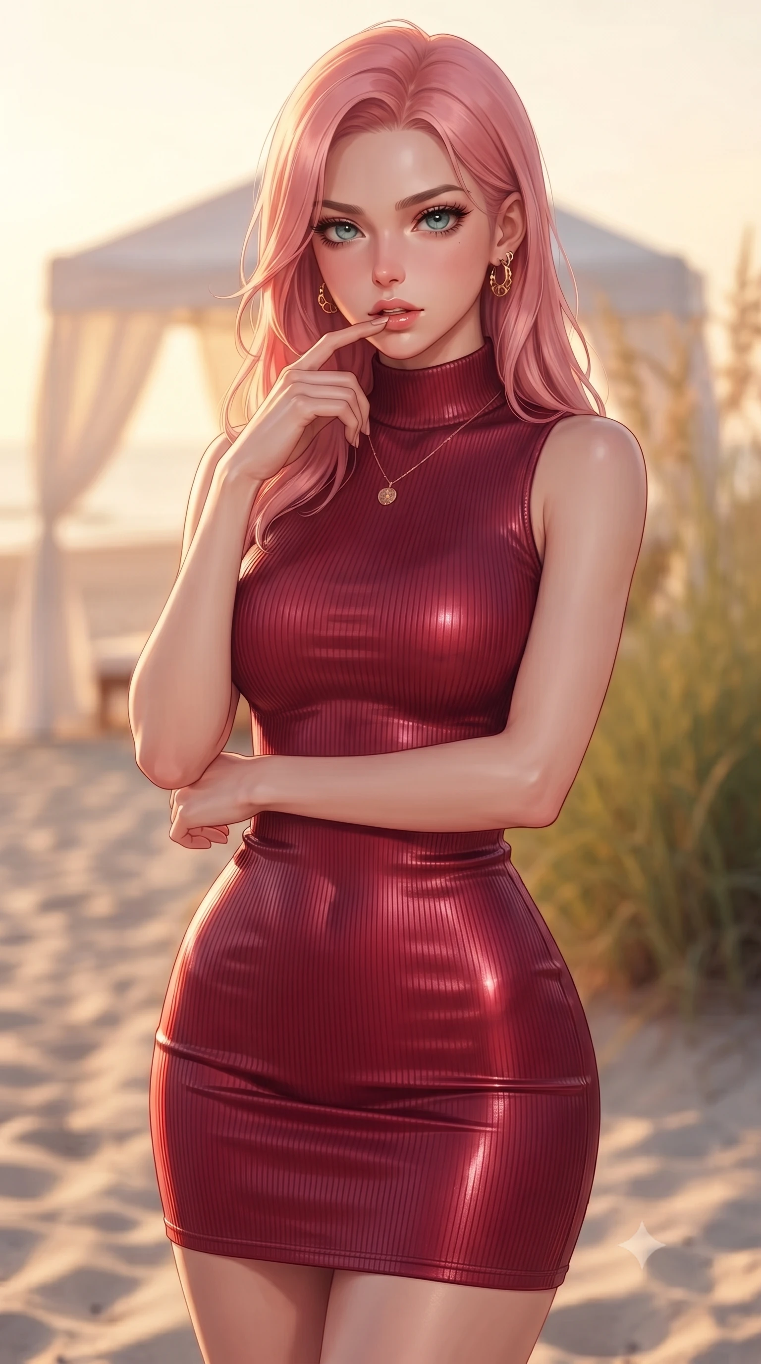 score_9, masterpiece, best quality, ultra-detailed, high-budget anime keyframe, editorial fashion photography, tasteful artistic composition, Japanese woman woman. close-up cowboy shot from the waist and thighs up, the character dominates the composition, filling the frame with her large presence, background elements kept in soft focus. pressing one finger to her bottom lip in a thoughtful, seductive gesture under the warm sun the background shows a soft-focus a white canopy tent on a quiet beach resort, surrounded by tall beachgrass. She has an exceptionally elegant, slender, and willowy female figure with an ultra-slim waist, a gracefully sculpted slender torso, and a refined silhouette. sharp v-shaped jawline, high-bridge nose, intricate jewel-like eyes with depth, thick eyelashes, glossy lips with a natural sheen. wearing a tailored body-hugging ribbed bodycon dress in crimson red, detailed with a tight mock-neck. warm golden afternoon sunlight bathing the sands in a soft glow. ultra-reflective glossy finish, specular highlights, metallic sheen, high-contrast stereoscopic depth, volumetric dynamic lighting, 2k, ultra detail, master piece, 9:16 ratio