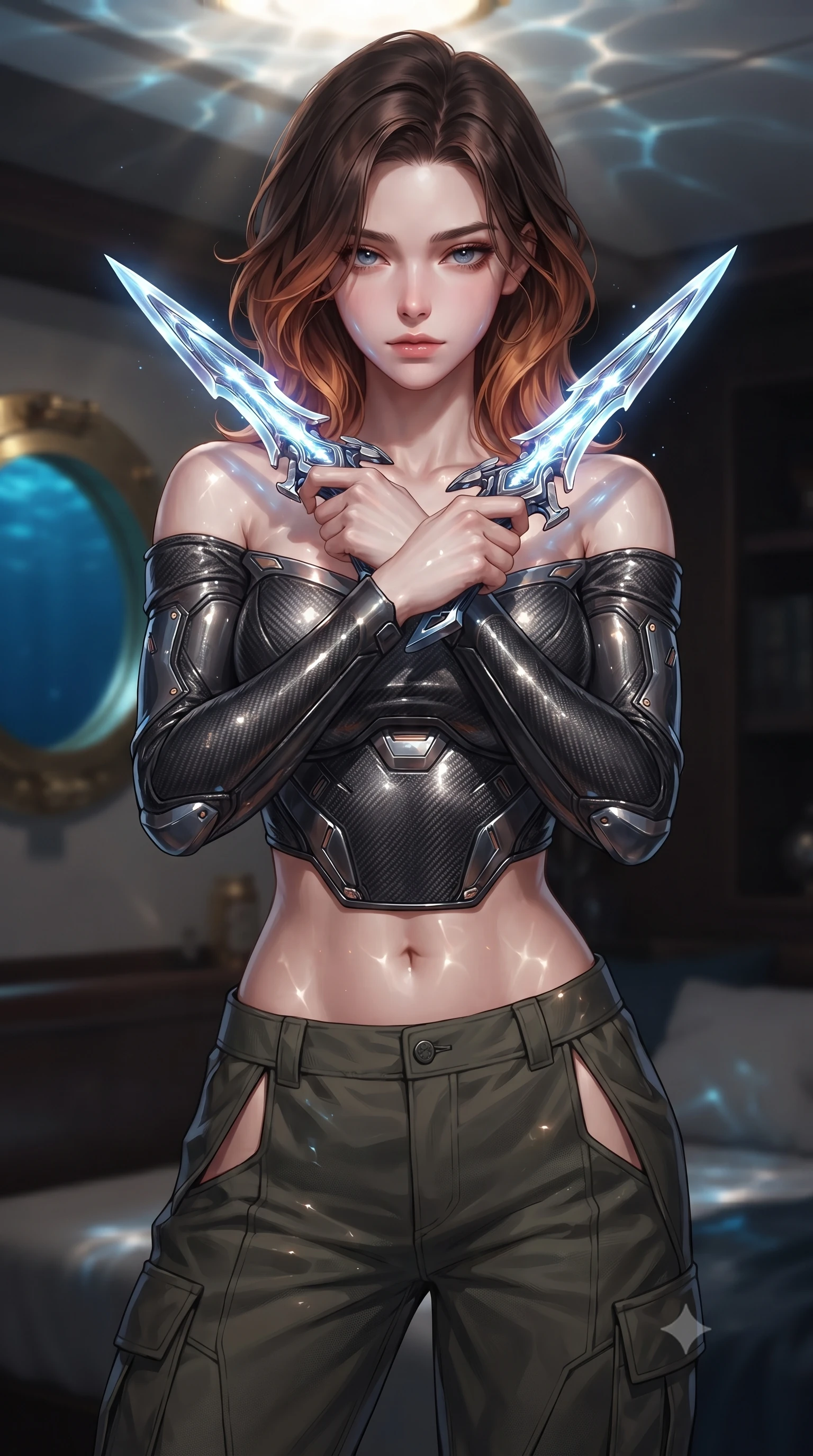 score_9, masterpiece, best quality, ultra-detailed, high-budget anime keyframe, editorial fashion photography, tasteful artistic composition, Korean woman. close-up cowboy shot from the waist and thighs up, the character dominates the composition, filling the frame with her large presence, background elements kept in soft focus. holding two energy daggers crossed in front of her elegant collarbone, casting a heavy-lidded, sultry look, the background shows a soft-focus a private cabin room of an abyssal research yacht with brass portholes. She has an exceptionally elegant, slender, and willowy female figure with an ultra-slim waist, a gracefully sculpted slender torso, and a refined silhouette. sharp v-shaped jawline, high-bridge nose, intricate jewel-like eyes with depth, thick eyelashes, glossy lips with a natural sheen. wearing a form-contouring off-shoulder carbon-fiber armor top paired with high-slit tactical cargo pants, showing her delicately sculpted midriff. shimmering sunbeams reflecting from the water surface onto the ceiling. ultra-reflective glossy finish, specular highlights, metallic sheen, high-contrast stereoscopic depth, volumetric dynamic lighting, 2k, ultra detail, master piece, 9:16 ratio