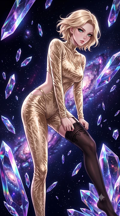 score_9, masterpiece, best quality, ultra-detailed, High-budget Anime Keyframe, Caucasian woman, strictly human ears. Dynamic full-body shot stretching the vertical silhouette to the limit. Scenario 401: adjusting her thigh-high stocking near a dark 