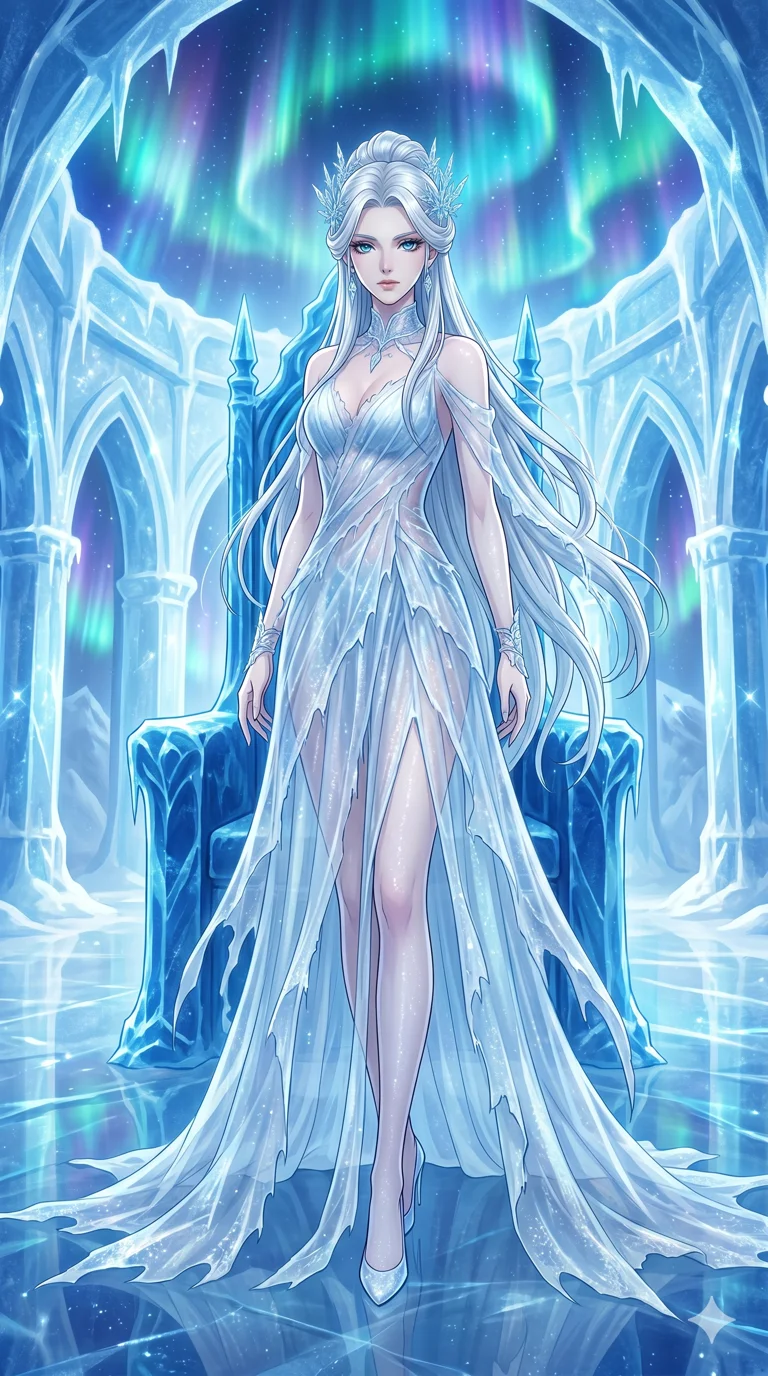 score_9, masterpiece, best quality, ultra-detailed, high-budget anime keyframe, an incredibly beautiful Caucasian woman (strictly human ears). Full-body shot stretching the vertical silhouette, dominating the 9:16 frame. She is a sovereign ruling over a palace of perpetual frost, standing before a throne made of blue ice. She has an absolutely perfect 8-heads proportion, an exceptionally tall and slender build emphasizing a delicate skinny aesthetic. Her face is a flawless masterpiece with a sharp v-shaped jawline, high-bridge nose, expressive jewel-like eyes, thick eyelashes, and perfectly glossy lips. She is wearing a translucent tattered ice-silk gown that reveals her slender legs. A grand hall of ice with shimmering aurora borealis in the background, radiant lighting., 2k, ultra detail, master piece, 9:16 ratio