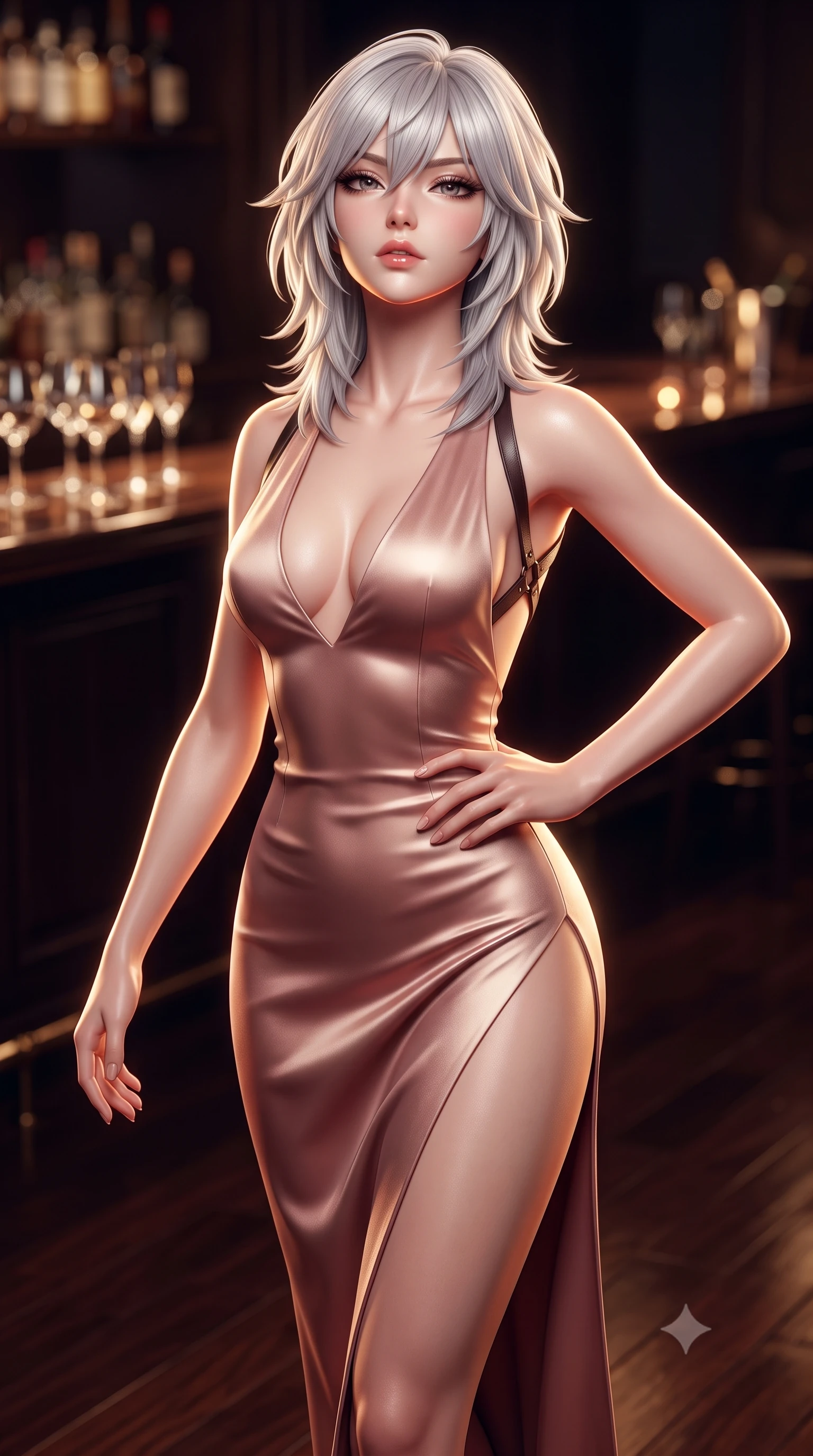 score_9, masterpiece, best quality, ultra-detailed, high-budget anime keyframe, semi-realistic 3D game render, editorial fashion photography, tasteful artistic composition, Japanese woman. close-up cowboy shot from the waist and thighs up, the character dominates the composition, filling the frame with her large presence. tilting her chin up with proud, sovereign allure while gazing through thick eyelashes, one hand resting on her waist in pure supermodel charisma while gliding across the polished dark walnut dance floor with supermodel momentum, her dress tightly hugging her feminine curves. The composition keeps background elements in soft focus with creamy bokeh. crystal glass refractions and polished bar top reflections scattering warm decadent light motes. She has an exceptionally elegant, slender, and willowy female figure with an ultra-slim waist, flat toned midriff, narrow ribcage, and sculpted feminine hips creating an alluring, slim hourglass silhouette without bulk. sharp v-shaped jawline, high-bridge nose, intricate jewel-like eyes with depth, thick eyelashes, glossy parted lips with a natural sheen, intensely captivating and seductive bedroom-eyes expression, flawlessly proportioned anatomical accuracy, strict slender model proportions, natural body alignment, perfectly sculpted long slender limbs, ultra-slim waistline, clean dynamic posture without body distortion. wearing a plunging-V neckline duchess satin gown with high side slits ascending to the high hip in dusky blush rose and champagne shimmer, tailored from smooth liquid silk satin adhering seamlessly to her skin, featuring an open-back criss-cross harness strap in dark leather, the second-skin form-contouring cut accentuating her sculpted flat midriff, narrow delicate ribcage, and gracefully curvy hips with supermodel precision. illuminated by rich specular rim lights defining her razor-sharp jawline, narrow waist, and curvy hips. highly saturated vibrant anime colors, detailed shading with soft gradients, rich glossy textures, high-contrast stereoscopic depth, volumetric dynamic lighting, master piece, 9:16 ratio