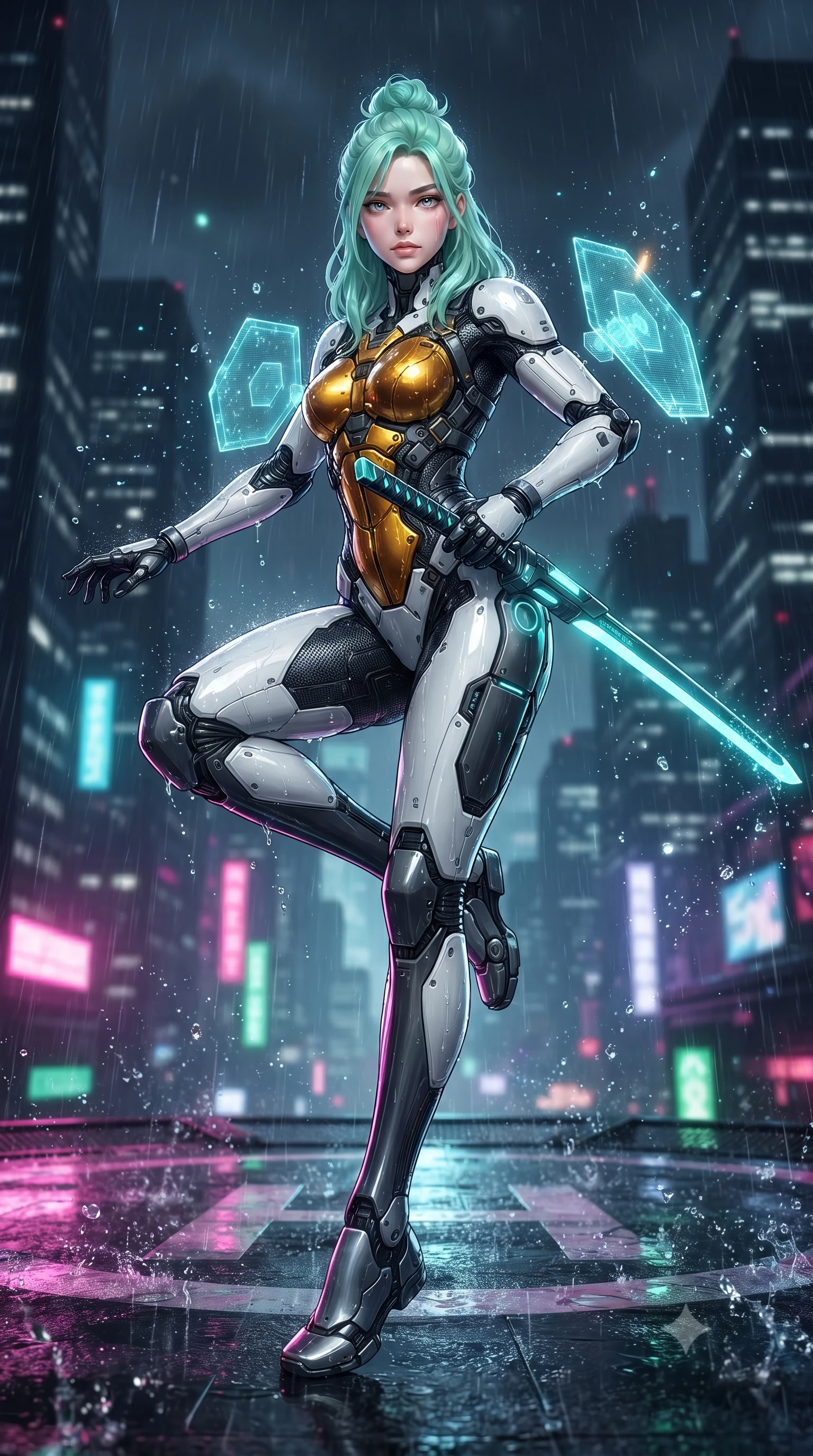 score_9, masterpiece, best quality, ultra-detailed, high-budget anime keyframe, editorial fashion photography, tasteful artistic composition, Japanese woman. low angle full-body shot from head to toe showing her feet, filling the entire 9:16 vertical frame with her statuesque presence, stretching her vertical silhouette. performing an alluring mid-air combat landing with flawless poise, looking directly into the camera with regal, deadly intensity while standing with supreme combat grace on a wet skyscraper helipad amidst heavy neon rain while drawing a glowing cyan plasma katana. The composition keeps background elements in soft focus with creamy bokeh. sparkling plasma energy motes and splashing rain droplets scattering radiant light across a dark backdrop. She has an absolutely perfect, statuesque 8.5-heads proportion, an exceptionally tall and slender model-like female figure with impossibly long slender legs, a toned flat midriff, and an ultra-slim waist. sharp v-shaped jawline, high-bridge nose, intricate jewel-like eyes with depth, thick eyelashes, glossy lips with a natural sheen, flawlessly proportioned anatomical accuracy, strict slender model proportions, natural body alignment, perfectly sculpted long slender limbs, ultra-slim waistline, clean dynamic posture without body distortion. wearing a high-contrast monochrome white-and-black carbon-composite exoskeleton suit with glowing amber circuitry, deploying floating hexagonal holographic energy shields with sovereign grace in molten amber-gold carbon cuirass with dark titanium weave, made of lightweight aerodynamic carbon-titanium alloy with polished edge bevels, reinforced by a sleek titanium tactical harness and glowing micro-energy straps, the liquid-tight tailored fabric emphasizing every curve of her tall, slender model proportions and sculptured silhouette during dynamic movement. illuminated by crisp white key lighting with sharp specular highlights tracing her sculpted carbon armor curves. ultra-reflective glossy finish, specular highlights, dark metallic sheen, high-contrast stereoscopic depth, volumetric dynamic lighting, 2k, ultra detail, master piece, 9:16 ratio