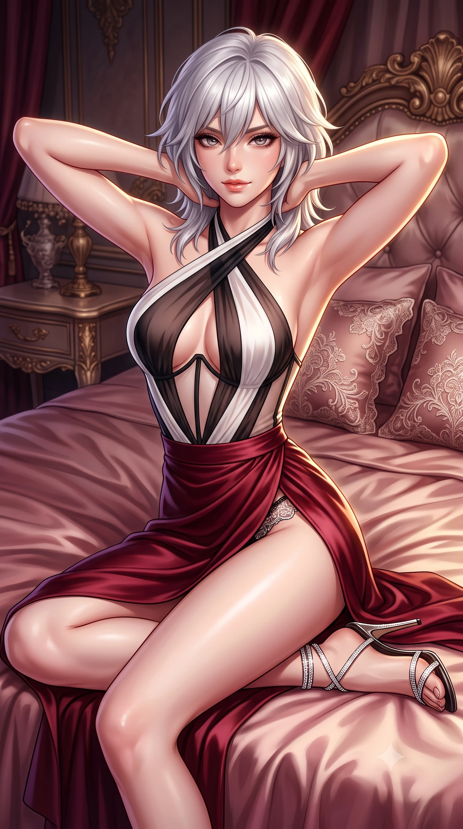 score_9, masterpiece, best quality, ultra-detailed, high-budget anime keyframe, semi-realistic 3D game render, editorial fashion photography, tasteful artistic composition, Japanese woman. close-up cowboy shot from the waist and thighs up, the character dominates the composition, filling the frame with her large presence. resting both hands lightly behind her neck with elbows raised, arching her spine to highlight her narrow waist, flat midriff, and breathtaking collarbones while reclining sideways on the plush silk duvet propped on one elbow, her flat midriff and long slender legs commanding the intimate boudoir. The surrounding environment is rendered in vivid detail and crisp panoramic clarity: detailed lace teddy embroidery, dewy skin highlights, and antique vampire bedroom furnishings in high resolution. She has an exceptionally elegant, slender, and willowy female figure with an ultra-slim waist, flat toned midriff, narrow ribcage, and sculpted feminine hips creating an alluring, slim hourglass silhouette without bulk. sharp v-shaped jawline, high-bridge nose, sparkling eyes with hypnotic seductive depth, thick curled eyelashes, glossy parted lips with a natural dewy peach sheen, alluring bedroom-eyes with an enchanting coquettish smile, exuding magnetic siren charisma and sophisticated glamour, flawlessly proportioned anatomical accuracy, strict slender model proportions, natural body alignment, perfectly sculpted long slender limbs, ultra-slim waistline, clean dynamic posture without body distortion. wearing a high-waisted dark crimson satin wrap sarong skirt with hip-high slit paired with a plunging criss-cross halter corset in high-contrast minimalist monochrome black and pure alabaster white, made of sheer gossamer chiffon that drapes softly against skin with airy translucence, complemented by strappy stiletto sandals with crystal ankle wraps accentuating her slender calves, the high-slit wrap tailoring accentuating her ultra-slim waistline and the enchanting curve of her feminine hips with alluring seductive charm. illuminated by silk bedding reflection fill and sharp platinum-gold rim lights defining her collarbones, narrow waist, and curvy hips. highly saturated vibrant anime colors, detailed shading with soft gradients, rich glossy textures, high-contrast stereoscopic depth, volumetric dynamic lighting, master piece, 9:16 ratio