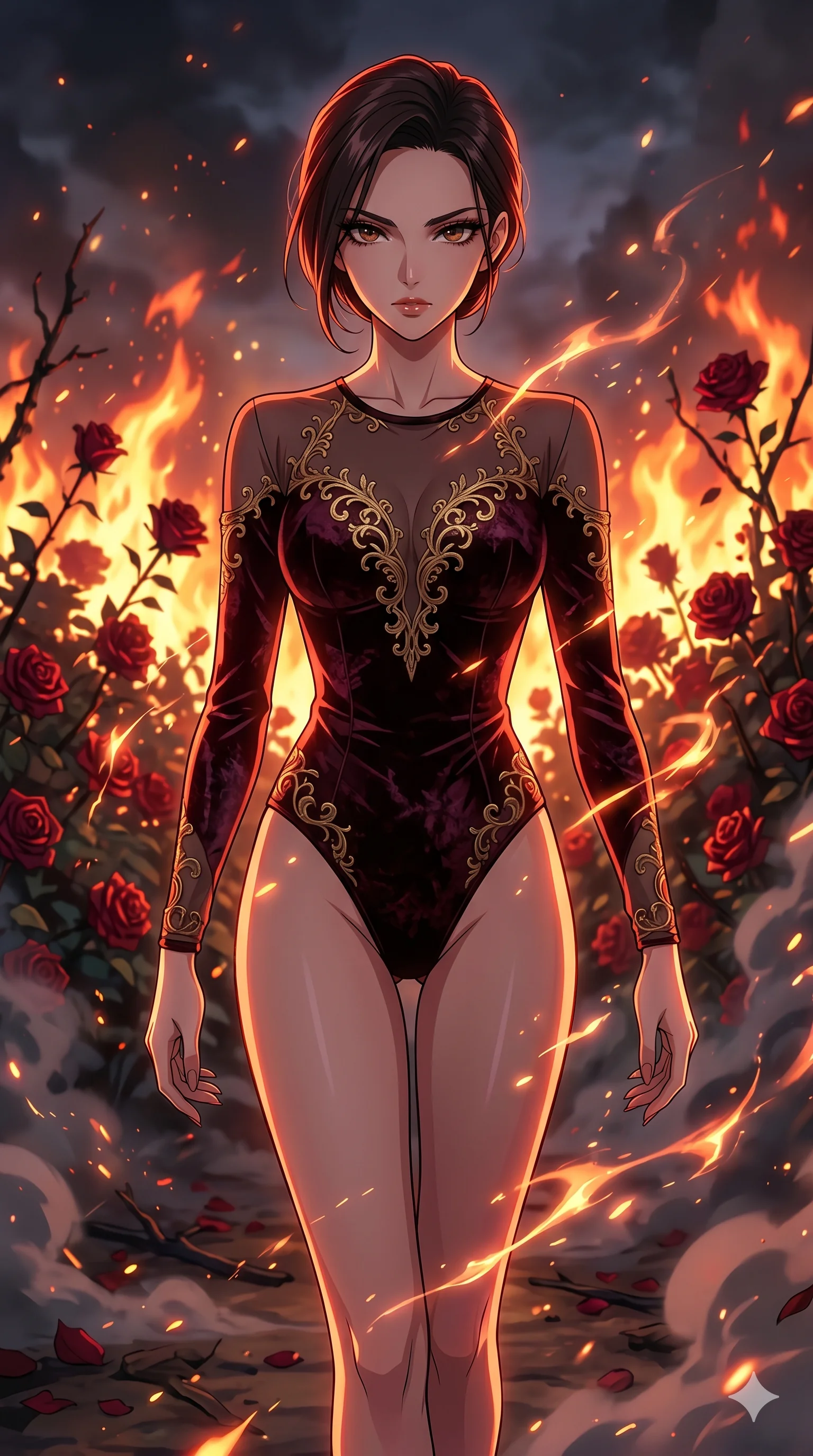 score_9, masterpiece, best quality, ultra-detailed, Set A: High-budget Anime Keyframe, Japanese woman. Upper body close-up from the thighs up, character filling the screen for maximum presence. Walking gracefully through a burning rose garden, with a look of intense determination reflecting the fires of 237 and surrounded by glowing energy sparks. She has an absolutely perfect 8-heads proportion, an exceptionally tall and slender female figure with impossibly long slender legs and an ultra-slim waist. Sharp v-shaped jawline, high-bridge nose, intricate jewel-like eyes with depth, thick eyelashes, glossy lips with a natural sheen. Wearing Crushed dark velvet bodysuit with golden filigree and sheer fabric transparency. Cinematic lighting, vibrant colors, dramatic shadows, 2k, ultra detail, master piece, 9:16 ratio