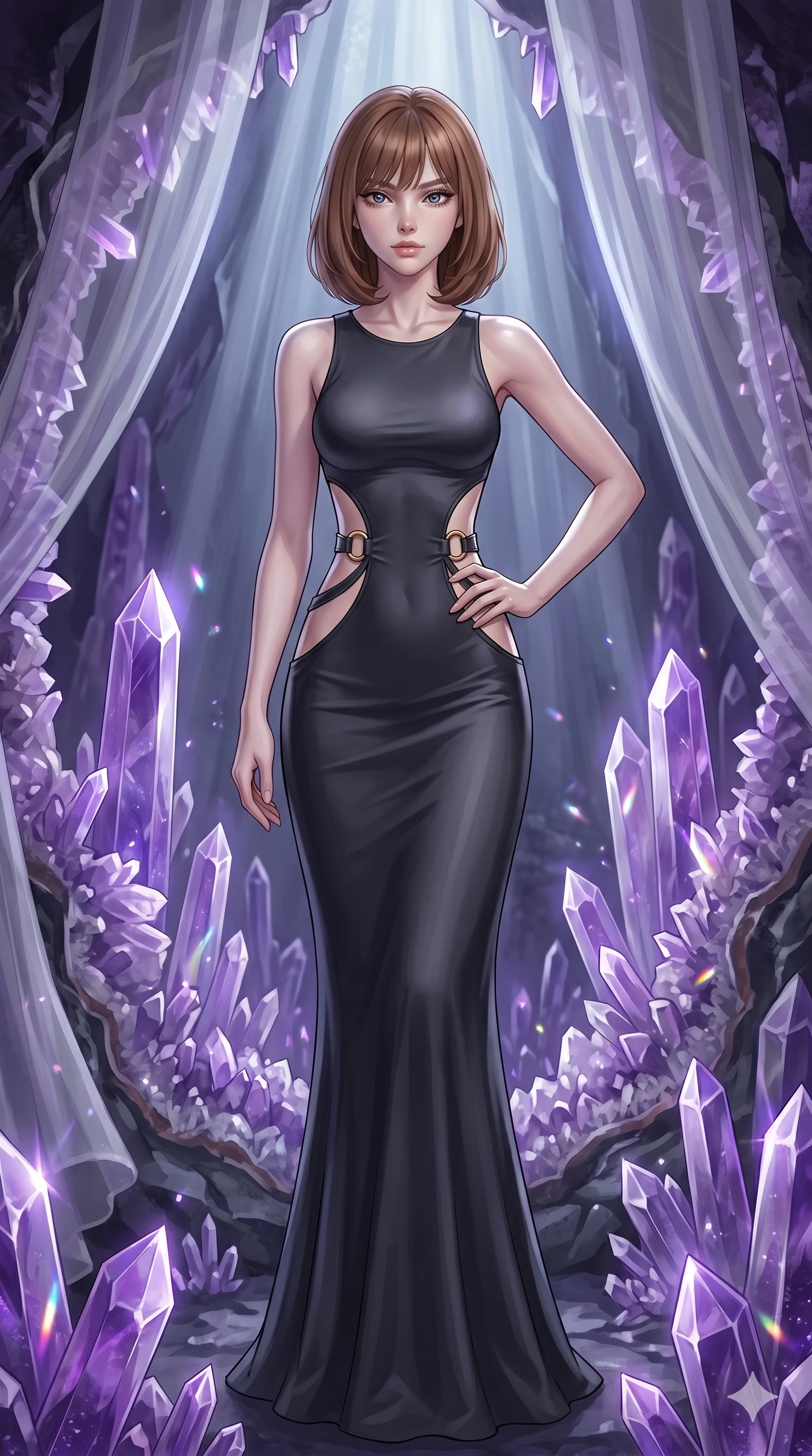 score_9, masterpiece, best quality, ultra-detailed, high-budget anime keyframe, editorial fashion photography, tasteful artistic composition, Caucasian woman, strictly human ears. cowboy shot from the thighs up, character and outfit filling the frame for maximum editorial presence. Holding a confident power pose with one hand on her hip inside a crystalline geode cavern lined with towering amethyst spires casting violet prismatic light. She has an absolutely perfect 8-heads proportion, an exceptionally tall and slender female figure with impossibly long slender legs and an ultra-slim waist. V-shaped jawline, high-bridge nose, intricate jewel-like eyes with depth, thick eyelashes, glossy lips with a natural sheen. wearing a dark charcoal fitted floor-length gown with dramatic curved architectural cutouts at the sides of the torso framed by gold ring hardware, emphasizing the ultra-slim waist. bathed in cold silver moonlight filtered through translucent gossamer curtains casting soft shadows on her curves. 2k, ultra detail, master piece, 9:16 ratio