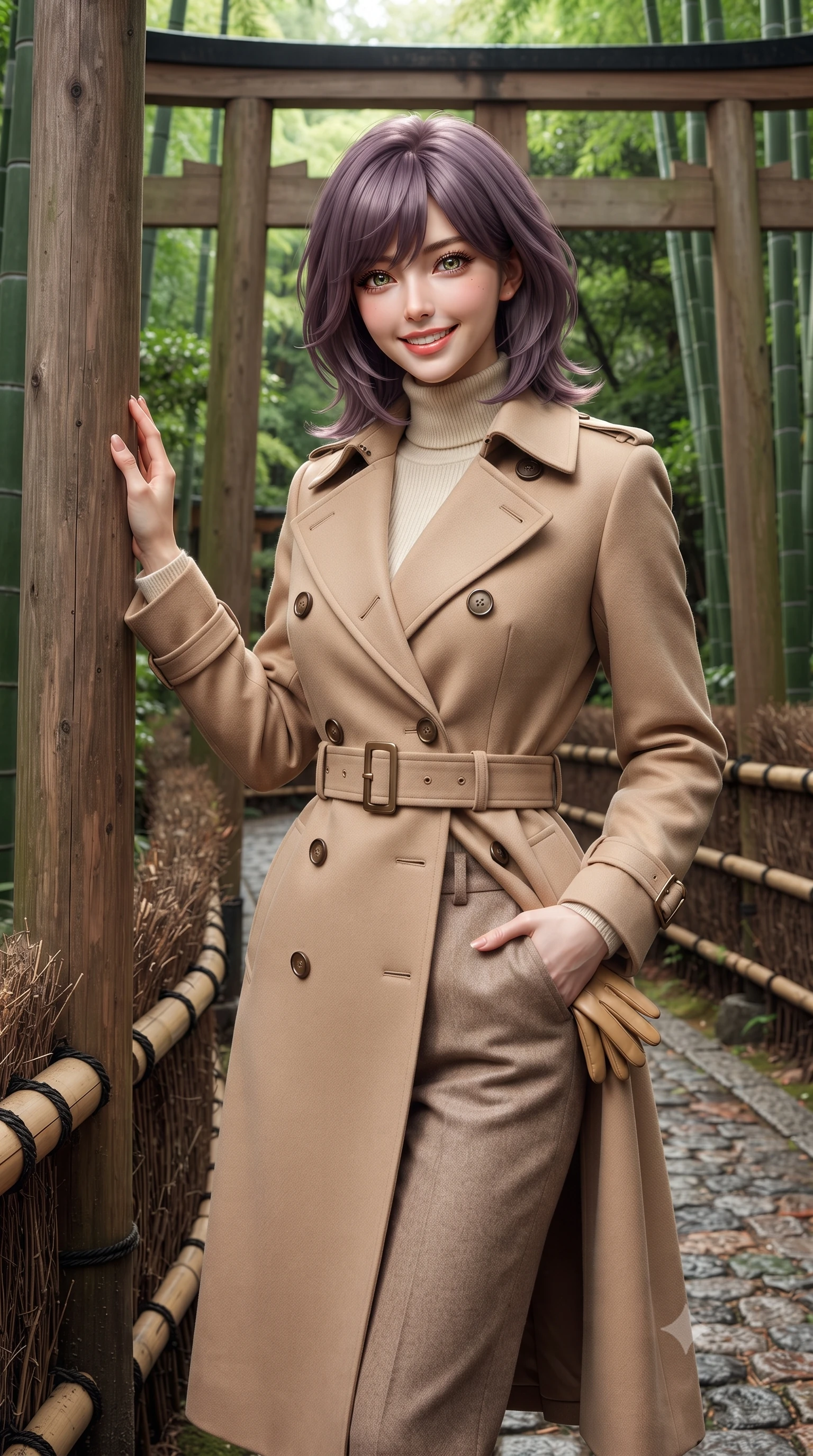 score_9, masterpiece, best quality, ultra-detailed, high-budget anime keyframe, editorial fashion photography, tasteful artistic composition, Japanese woman. close-up cowboy shot from the waist and thighs up, the character dominates the composition, filling the frame with her large presence. standing poised with one hand slipped into her tailored trouser pocket, head tilted in a friendly, engaging expression while pausing beside a weathered wooden torii gate entrance, one hand resting on the cedar post with timeless Kyoto charm. The surrounding environment is rendered in vivid detail and crisp panoramic clarity: sharp vertical ridges on bamboo stalks, textured cobblestones on forest path, and woven bamboo railing cordage in deep focus. She has an exceptionally elegant, slender, and willowy female figure with an ultra-slim waist, flat toned midriff, narrow ribcage, and sculpted feminine hips creating an alluring, slim hourglass silhouette without bulk. sharp v-shaped jawline, high-bridge nose, intricate jewel-like sparkling eyes with depth, thick eyelashes, glossy parted lips with a natural peach sheen, bright cheerful beaming smile with an enchanting and coquettish sensual glint, exuding both youthful cute charm and seductive allure, flawlessly proportioned anatomical accuracy, strict slender model proportions, natural body alignment, perfectly sculpted long slender limbs, ultra-slim waistline, clean dynamic posture without body distortion. wearing a classic double-breasted trench coat with a cinched waist belt worn over a fine-knit cashmere turtleneck and tailored trousers in soft champagne ivory and warm biscuit beige, made of luxurious brushed wool flannel with rich textural depth and clean structure, complemented by buttery leather gloves held delicately in one manicured hand, the expertly draped wool fabric falling in crisp fluid lines along her tall 8.5-heads silhouette, celebrating her slender frame without excess fabric bulk. illuminated by soft green foliage bounce and crisp jade-gold rim lights sculpting her razor-sharp jawline and tall willowy frame. ultra-reflective glossy finish, specular highlights, rich textural contrasts, high-contrast stereoscopic depth, volumetric dynamic lighting, 2k, ultra detail, master piece, 9:16 ratio