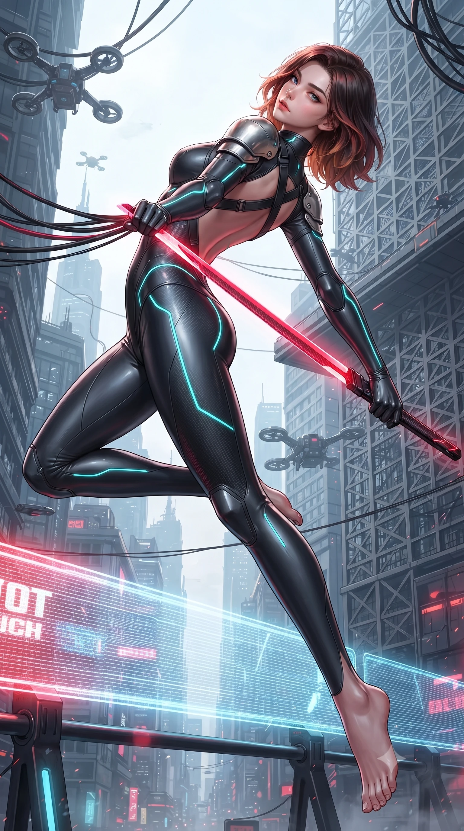 score_9, masterpiece, best quality, ultra-detailed, high-budget anime keyframe, editorial fashion photography, tasteful artistic composition, Korean woman. low angle full-body shot from head to toe showing her feet, filling the entire 9:16 vertical frame with her statuesque presence, stretching her vertical silhouette. arching her back gracefully in mid-air during a dynamic combat vault, her weapon energy trail framing her statuesque presence while arching her spine in a fluid vault over a holographic toll barrier as crimson blade light traces her athletic torso. The surrounding environment is rendered in vivid detail and crisp panoramic clarity. intricate hilt power cables, hovering traffic drones, and skyscraper facade lattices in high clarity. She has an absolutely perfect, statuesque 8.5-heads proportion, an exceptionally tall and slender model-like female figure with impossibly long slender legs, a toned flat midriff, and an ultra-slim waist. sharp v-shaped jawline, high-bridge nose, intricate jewel-like eyes with depth, thick eyelashes, glossy lips with a natural sheen, flawlessly proportioned anatomical accuracy, strict slender model proportions, natural body alignment, perfectly sculpted long slender limbs, ultra-slim waistline, clean dynamic posture without body distortion. wearing an aerodynamic matte-black carbon-fiber bodysuit with glowing neon cyan conduit lines, reinforced by polished titanium pauldrons, wielding a sleek holographic plasma katana with a brilliant energy blade in deep crimson carbon weave with specular dark chrome accents, tailored from flexible second-skin carbon-mesh that clings flawlessly to her athletic curves, complemented by criss-cross back harness straps highlighting her completely bare spine, the sleek second-skin cut tightly hugging her graceful clavicle, narrow waist, and feminine curves with athletic precision. surrounded by a fast, fierce, and intoxicatingly seductive cyber-assassin muse aura. ultra-reflective glossy finish, specular highlights, dark metallic sheen, high-contrast stereoscopic depth, volumetric dynamic lighting, 2k, ultra detail, master piece, 9:16 ratio