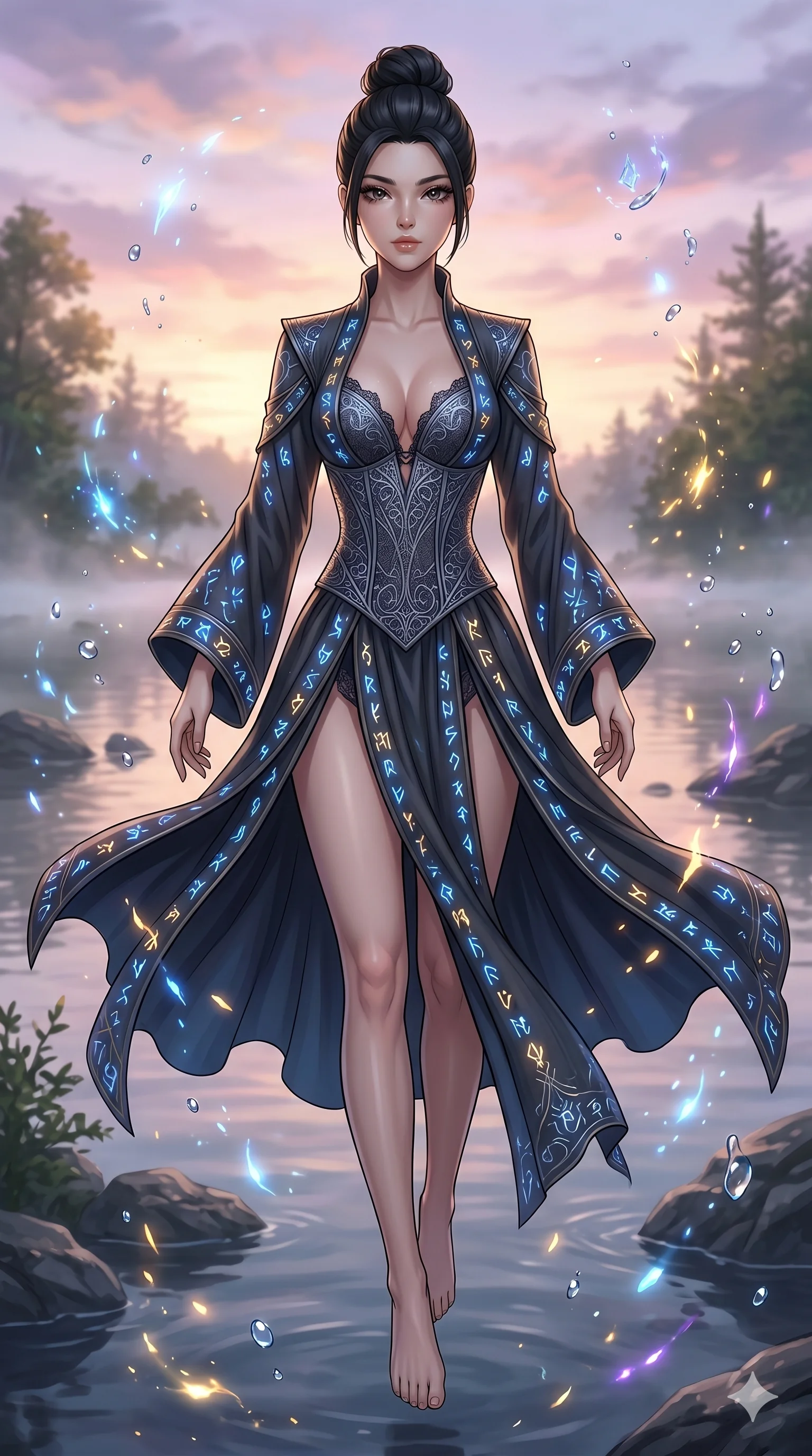 score_9, masterpiece, best quality, ultra-detailed, Set A: High-budget Anime Keyframe, Caucasian (strictly human ears) woman. Low angle cowboy shot filling the entire 9:16 frame with her statuesque presence. Floating through a misty lakeside at dawn, as gravity fails and everything around her floats in state 266 and surrounded by glowing energy sparks. She has an absolutely perfect 8-heads proportion, an exceptionally tall and slender female figure with impossibly long slender legs and an ultra-slim waist. Sharp v-shaped jawline, high-bridge nose, intricate jewel-like eyes with depth, thick eyelashes, glossy lips with a natural sheen. Wearing Dark sorceress robes with glowing runes and a deep-cut lace corset. Cinematic lighting, vibrant colors, dramatic shadows, 2k, ultra detail, master piece, 9:16 ratio
