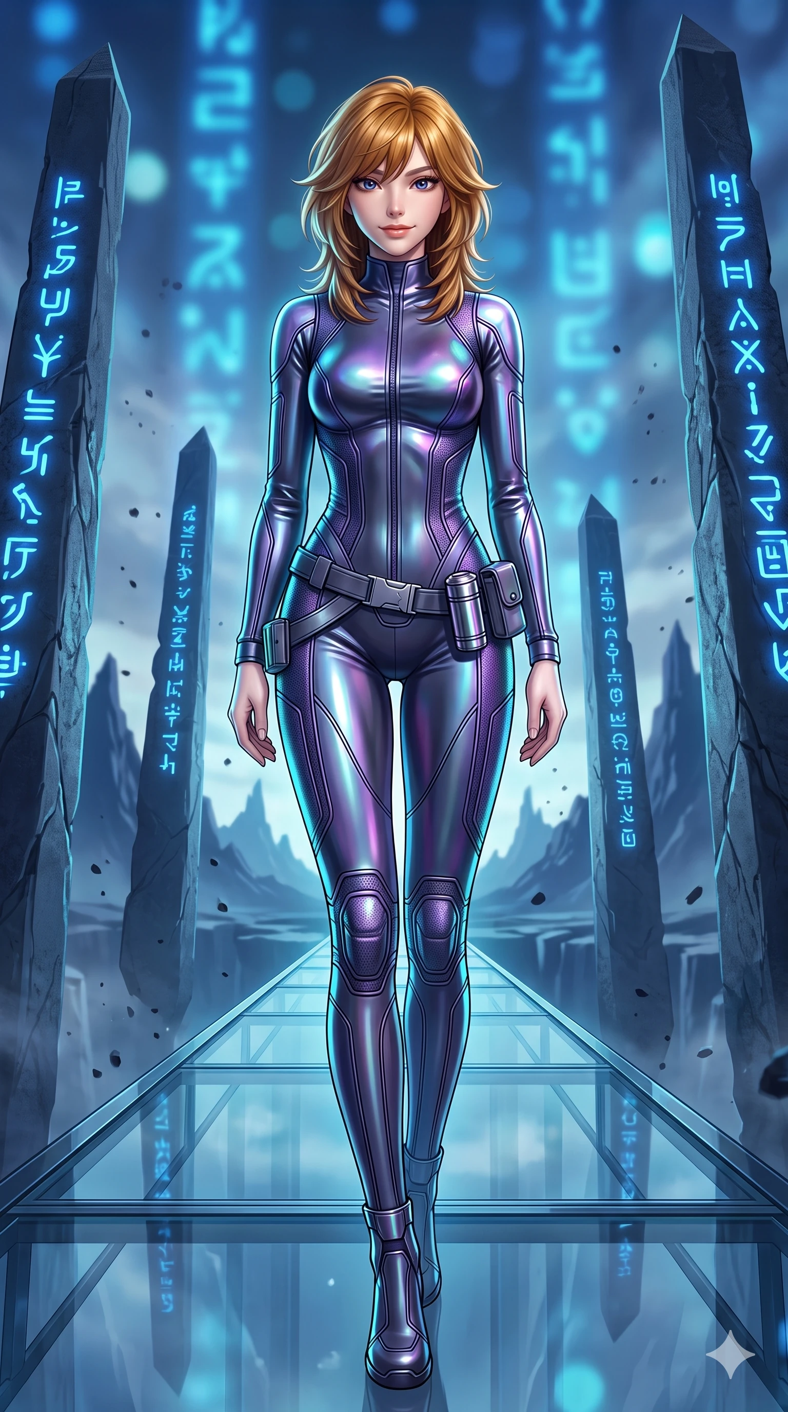 score_9, masterpiece, best quality, ultra-detailed, high-budget anime keyframe, semi-realistic 3D game render, editorial fashion photography, tasteful artistic composition, Korean woman. low angle full-body shot from head to toe showing her feet, filling the entire 9:16 vertical frame with her statuesque presence, stretching her vertical silhouette. walking slowly along the transparent glass skybridge, looking back over her shoulder with an air of effortless grace and an alluring, smoldering smile while standing poised amidst a circle of towering monolith spires etched with pulsing blue alien glyphs, arching her spine with dancer-like elegance. The background shows a soft-focus pulsing blue luminescent alien hieroglyphs, floating dust motes, and distant jagged obsidian mountain silhouettes blurred into sapphire, cyan, and deep indigo bokeh. She has an absolutely perfect, statuesque 8.5-heads proportion, an exceptionally tall and slender model-like female figure with impossibly long slender legs, an ultra-slim waist, a flat toned midriff, narrow delicate ribcage, and beautifully sculpted feminine hips creating a graceful, slim hourglass silhouette without any bulky heaviness. sharp v-shaped jawline, high-bridge nose, intricate jewel-like sparkling eyes with depth, thick eyelashes, glossy parted lips with a natural sheen, bright confident smile with an enchanting and coquettish sensual glint, exuding both youthful magnetic charm and sovereign high-tech allure, flawlessly proportioned anatomical accuracy, strict slender model proportions, natural body alignment, perfectly sculpted long slender limbs, ultra-slim waistline, clean dynamic posture without body distortion. wearing a refined long-sleeve high-collar flight jumpsuit crafted with ergonomic pressure-sealed seams in iridescent dark chrome and holographic violet, made of flexible bullet-resistant ballistic microfiber with high-tensile strength, accented with a sleek utility belt with polished magnetic canisters resting loosely on her curvy hips, the bespoke structured tailoring following the natural line of her 8.5-heads silhouette with refined elegance. illuminated by sand surface bounce and sharp sapphire-cyan rim lights sculpting her razor-sharp jawline, narrow waist, and curvy hips. highly saturated vibrant anime colors, detailed shading with soft gradients, rich glossy textures, high-contrast stereoscopic depth, volumetric dynamic lighting, master piece, 9:16 ratio