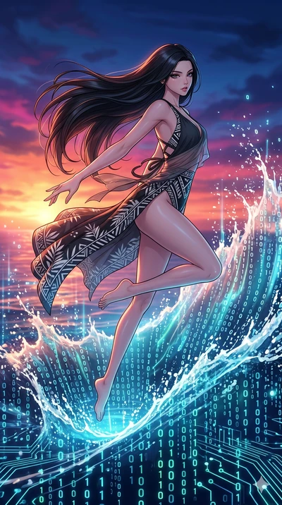 score_9, masterpiece, best quality, ultra-detailed, high-budget anime movie keyframe, cinematic anime lighting, intricate line art, Japanese anime girl. Mid-air action shot capturing a graceful twist and vertical silhouette. diving into a digital oce