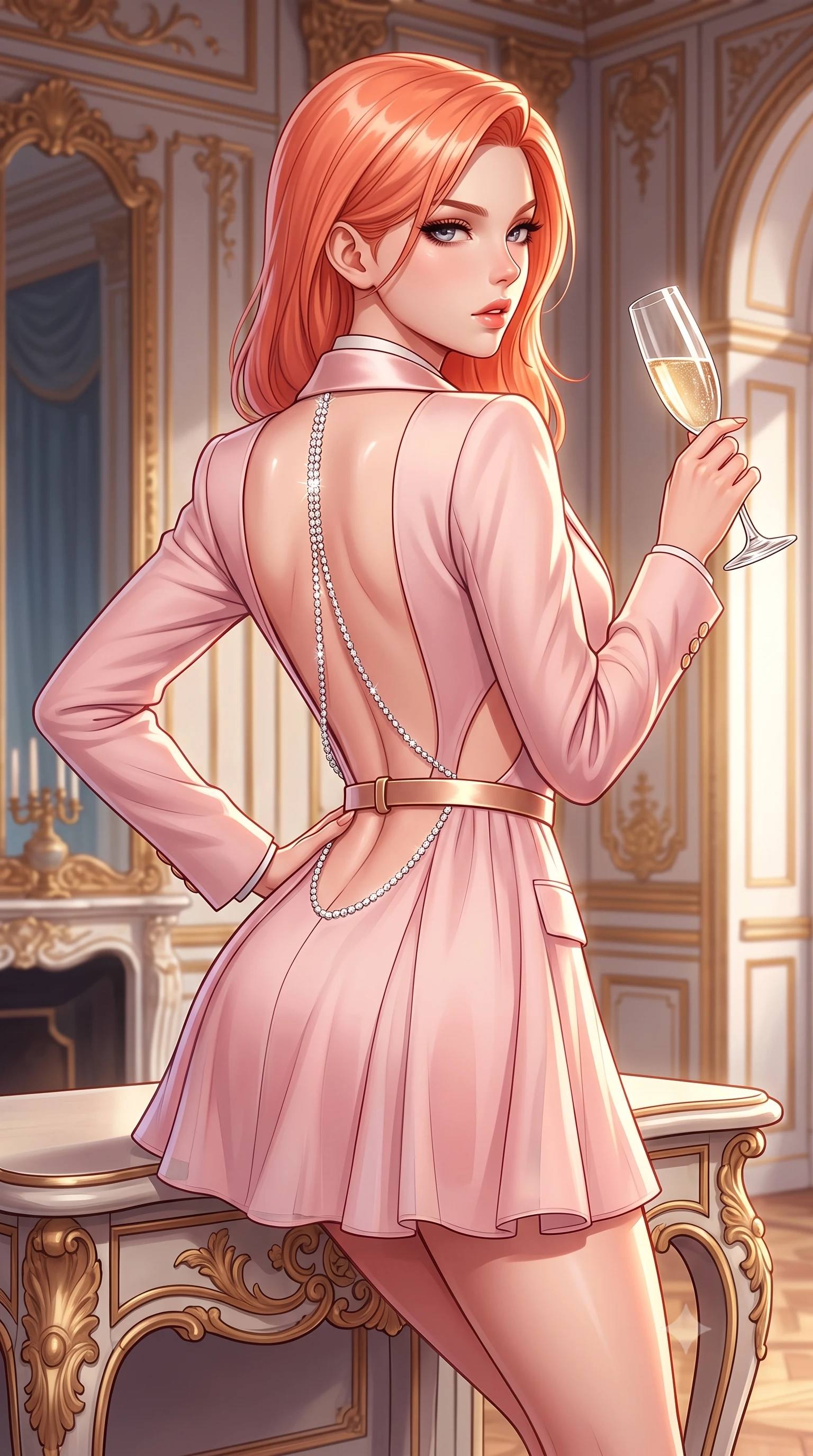 score_9, masterpiece, best quality, ultra-detailed, high-budget anime keyframe, semi-realistic 3D game render, editorial fashion photography, tasteful artistic composition, Japanese woman. close-up cowboy shot from the waist and thighs up, the character dominates the composition, filling the frame with her large presence. posing in an alluring rear three-quarter angle, arching her lower back in a pronounced S-curve with one hand on her hip, glancing seductively over her bare shoulder with parted glossy lips while perching on an ornate rococo console table with hips cocked to one side, holding a crystal champagne glass with effortless sovereign allure. The surrounding environment is rendered in vivid detail and crisp panoramic clarity. opulent neoclassical chiaroscuro and decadent French palace grandeur rendered with environmental sharpness. She has an exceptionally elegant, slender, and willowy female figure with an ultra-slim waist, a gracefully sculpted slender torso, toned flat midriff, and rounded feminine hips creating an alluring hourglass silhouette. sharp v-shaped jawline, high-bridge nose, intricate jewel-like eyes with depth, thick eyelashes, glossy parted lips with a natural sheen, intensely captivating and seductive bedroom-eyes expression, flawlessly proportioned anatomical accuracy, strict slender model proportions, natural body alignment, perfectly sculpted long slender limbs, ultra-slim waistline, clean dynamic posture without body distortion. wearing a tailored pastel tuxedo jacket dress with silk satin lapels and a slim gold-buckle belt in rococo blush rose and polished gold leaf, woven from layered gossamer chiffon with a weightless sweeping drape, accented with a glittering diamond back chain tracing her bare spine down to her hips, the precision-cut side openings and low-back scoop framing her graceful spine and the sensual sweep of her hips. illuminated by crisp specular highlights defining her bare clavicle, ultra-slim waistline, and curvaceous hips. highly saturated vibrant anime colors, detailed shading with soft gradients, rich glossy textures, high-contrast stereoscopic depth, volumetric dynamic lighting, master piece, 9:16 ratio