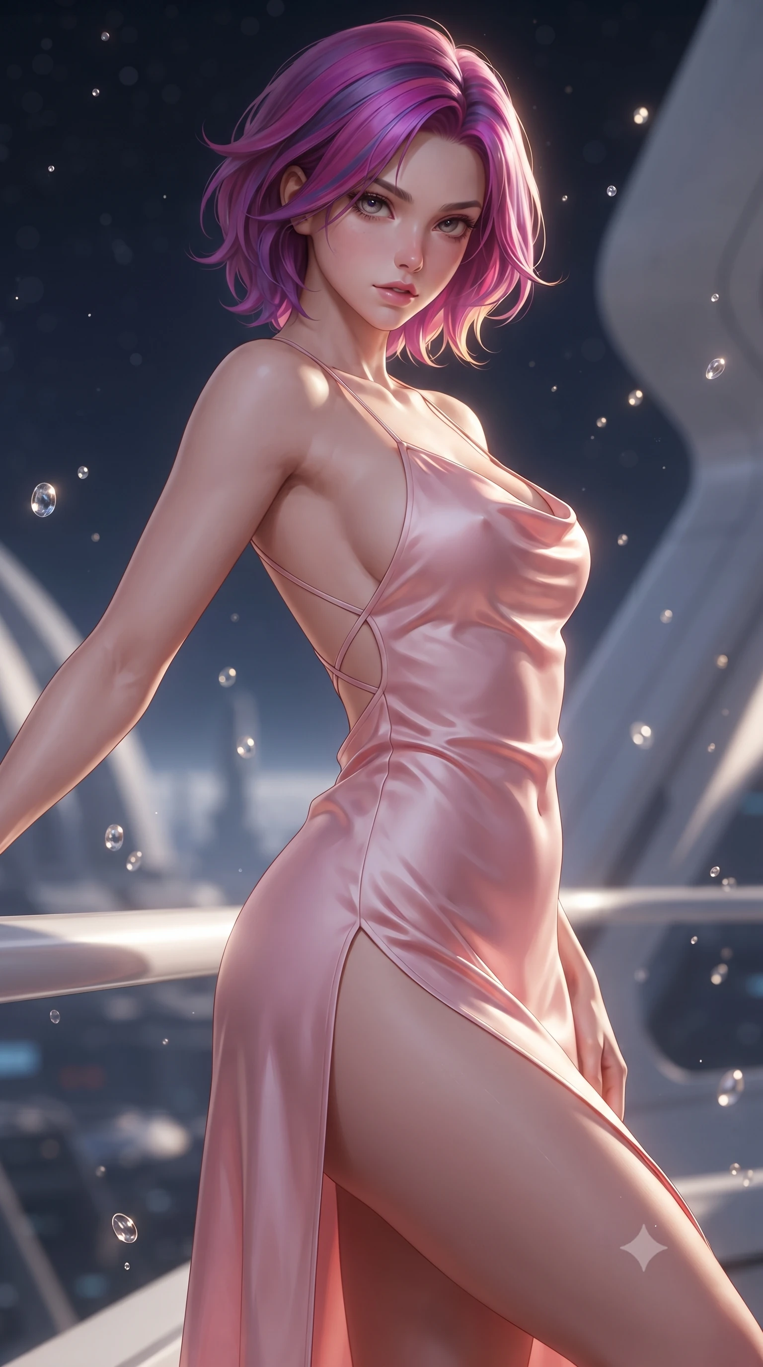 score_9, masterpiece, best quality, ultra-detailed, high-budget anime keyframe, editorial fashion photography, tasteful artistic composition, Caucasian woman. close-up cowboy shot from the waist and thighs up, the character dominates the composition, filling the frame with her large presence. leaning back with relaxed seductive grace, her sculpted collarbones and narrow waist highlighted as she casts smoldering bedroom-eyes directly into the camera while standing poised on the high-orbit observation promenade, turning in an elegant dancer S-curve as solar corona radiation paints golden highlights along her silhouette. The composition keeps background elements in soft focus with creamy bokeh. floating zero-gravity droplets and sleek yacht bulkhead ribs softened in glamorous sci-fi shallow focus. She has an exceptionally elegant, slender, and willowy female figure with an ultra-slim waist, flat toned midriff, narrow ribcage, and sculpted feminine hips creating an alluring, slim hourglass silhouette without bulk. sharp v-shaped jawline, high-bridge nose, intricate jewel-like eyes with depth, thick eyelashes, glossy parted lips with a natural sheen, intensely captivating and seductive bedroom-eyes expression, flawlessly proportioned anatomical accuracy, strict slender model proportions, natural body alignment, perfectly sculpted long slender limbs, ultra-slim waistline, clean dynamic posture without body distortion. wearing a backless cowl-neck satin slip dress featuring high-cut side hip slits and delicate criss-cross back straps in sakura blossom pink and warm ivory, tailored from water-resistant treated wool gabardine and flexible stretch silk, finished with an ultra-high side slit secured by miniature jeweled clasps, the form-contouring material adhering flawlessly to her sculpted flat midriff and slender torso, emphasizing her long leg lines and perfectly proportioned willowy build. illuminated by cool starlight rim lighting defining her sculpted collarbones, ultra-slim waist, and curvy hips. ultra-reflective glossy finish, specular highlights, rich textural contrasts, high-contrast stereoscopic depth, volumetric dynamic lighting, 2k, ultra detail, master piece, 9:16 ratio
