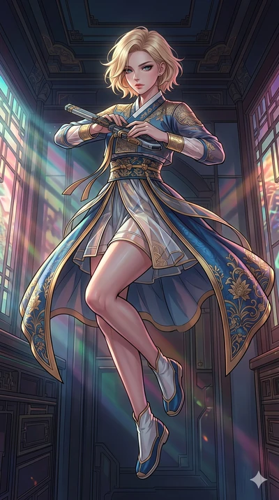 score_9, masterpiece, best quality, ultra-detailed, high-budget anime movie keyframe, cinematic anime lighting, intricate line art, Caucasian (strictly human ears) woman. Mid-air action shot capturing a graceful twist and vertical silhouette. adjusti