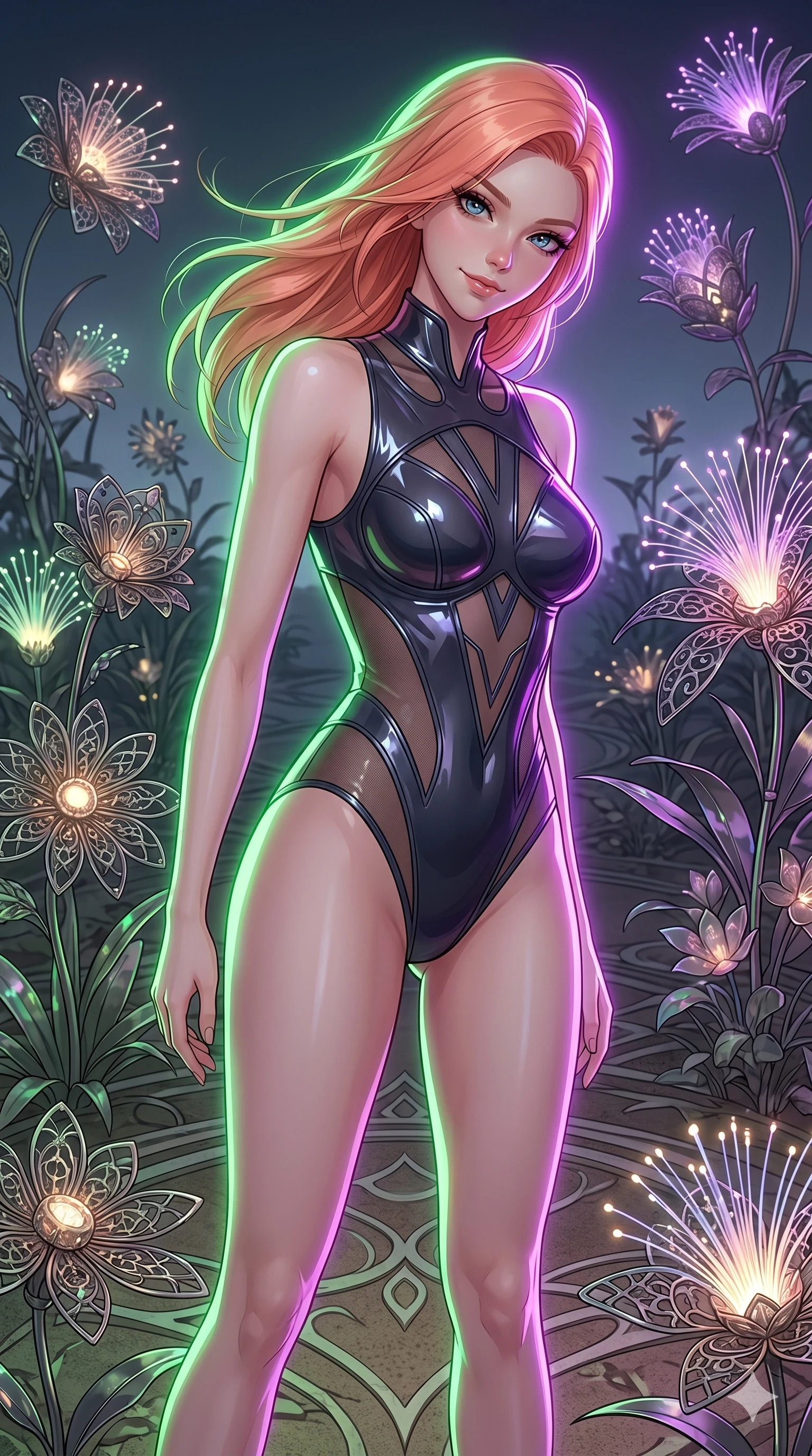 score_9, masterpiece, best quality, ultra-detailed, high-budget anime keyframe, editorial fashion photography, tasteful artistic composition, Japanese woman. cowboy shot from the thighs up, character and outfit filling the frame for maximum editorial presence. Tilting her head to the side with a playful, confident smile, her eyes sparkling within a virtual garden where mechanical flowers with fiber-optic petals grow, with a quiet silence hanging over the sacred ground. She has an absolutely perfect 8-heads proportion, an exceptionally tall and slender female figure with impossibly long slender legs and an ultra-slim waist. V-shaped jawline, high-bridge nose, intricate jewel-like eyes with depth, thick eyelashes, glossy lips with a natural sheen. wearing an asymmetric structured bodysuit in deep charcoal with a glossy vinyl overlay and sheer mesh inserts. under twin neon green and purple rim lights that trace her silhouette with intense color lines. 2k, ultra detail, master piece, 9:16 ratio