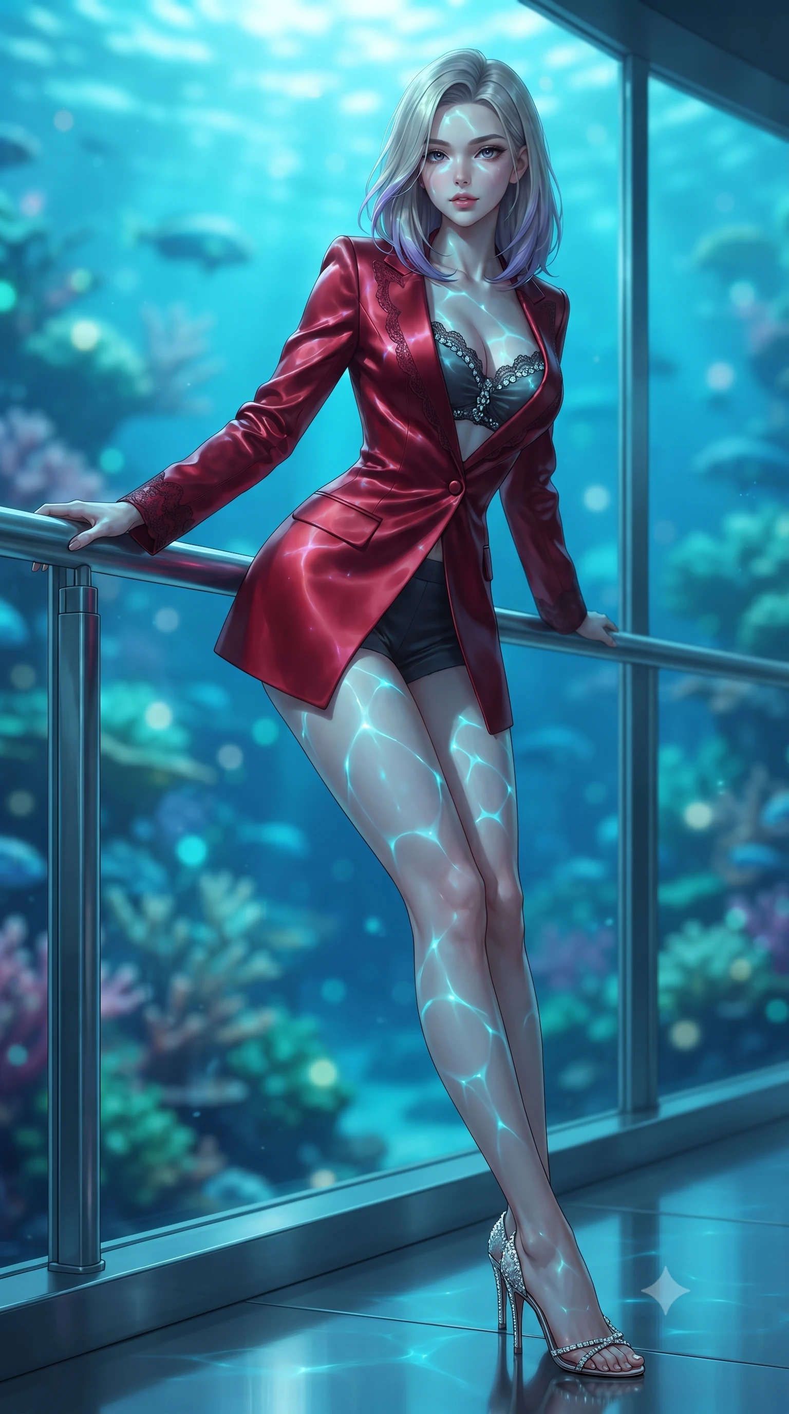 score_9, masterpiece, best quality, ultra-detailed, high-budget anime keyframe, editorial fashion photography, tasteful artistic composition, Caucasian woman. low angle full-body shot from head to toe showing her feet, filling the entire 9:16 vertical frame with her statuesque presence, stretching her vertical silhouette. leaning deep against the balcony balustrade with hips cocked back in an unapologetically alluring high-fashion stance, casting an intoxicating glance while twisting her slender torso in an alluring contrapposto stance, undulating underwater LED caustics painting glowing cyan ribbons across her curves. The background shows a soft-focus glowing turquoise underwater ocean water, swaying coral reefs, and passing marine life outside thick glass blurred into cyan, sapphire, and emerald bokeh. She has an absolutely perfect, statuesque 8.5-heads proportion, an exceptionally tall and slender model-like female figure with impossibly long slender legs, an ultra-slim waist, a flat toned midriff, narrow delicate ribcage, and beautifully sculpted feminine hips creating a graceful, slim hourglass silhouette without any bulky heaviness. sharp v-shaped jawline, high-bridge nose, sparkling eyes with hypnotic seductive depth, thick curled eyelashes, glossy parted lips with a natural dewy peach sheen, alluring bedroom-eyes with an enchanting coquettish smile, exuding magnetic siren charisma and sophisticated glamour, flawlessly proportioned anatomical accuracy, strict slender model proportions, natural body alignment, perfectly sculpted long slender limbs, ultra-slim waistline, clean dynamic posture without body distortion. wearing a tailored open-front satin smoking jacket worn over a jewel-embellished bandeau and micro-shorts in rich cherry lacquer and smoky charcoal, crafted from fluid liquid silk satin that clings smoothly to every curve with a dewy sheen, finished with scalloped eyelash lace trim framing her sweetheart neckline with intimate elegance, the high-slit wrap tailoring accentuating her ultra-slim waistline and the enchanting curve of her feminine hips with alluring seductive charm. bathed in eerie glowing cobalt-and-cyan light radiating inward through the submerged panoramic glass windows. ultra-reflective glossy finish, specular highlights, rich textural contrasts, high-contrast stereoscopic depth, volumetric dynamic lighting, 2k, ultra detail, master piece, 9:16 ratio