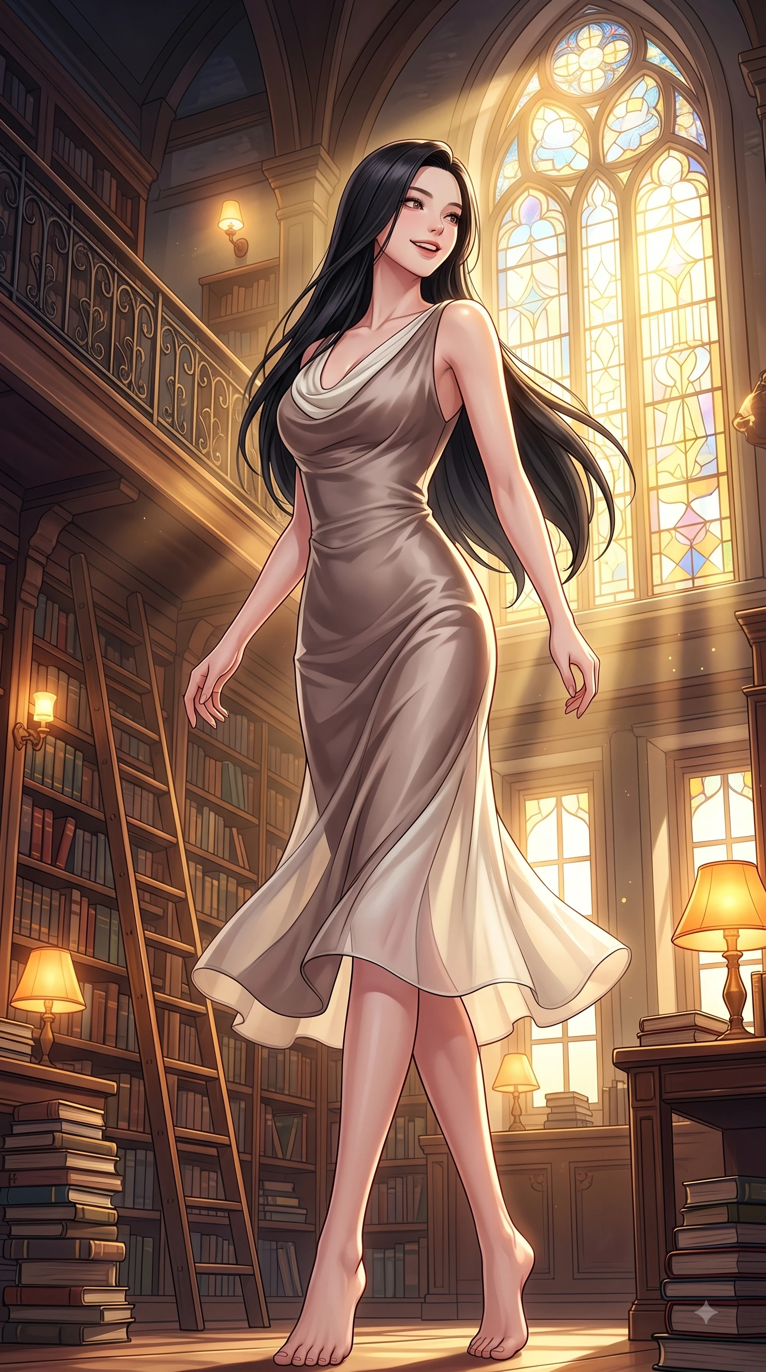 score_9, masterpiece, best quality, ultra-detailed, high-budget anime keyframe, editorial fashion photography, tasteful artistic composition, Korean woman. low angle full-body shot from head to toe showing her feet, filling the entire 9:16 vertical frame with her statuesque presence, stretching her vertical silhouette. pivoting dynamically in mid-motion with a delighted cute expression, displaying her perfect model proportions while pivoting dynamically beside a towering arched stained glass window in a grand book hall, intense volumetric sunbeams filtering through tall arched windows in golden rays. She has an absolutely perfect, statuesque 8.5-heads proportion, an exceptionally tall and slender model-like female figure with impossibly long slender legs and an ultra-slim waist. sharp v-shaped jawline, high-bridge nose, intricate jewel-like eyes with depth, thick eyelashes, glossy lips with a natural sheen, flawlessly proportioned anatomical accuracy, natural body alignment, perfectly sculpted elegant limbs, clean dynamic posture without body distortion. wearing an elegant cowl-neck satin midi dress with a graceful draped neckline in muted taupe and soft ivory, woven from fine semi-opaque sheer organza, accented with a Tasteful chest slit framing her clavicle gracefully, the tailored fabric tightly following every curve of her athletic build. illuminated by soft glowing amber desk lamps and majestic window highlights. highly saturated vibrant anime colors, detailed shading with soft gradients, rich glossy textures, high-contrast stereoscopic depth, volumetric dynamic lighting, master piece, 9:16 ratio