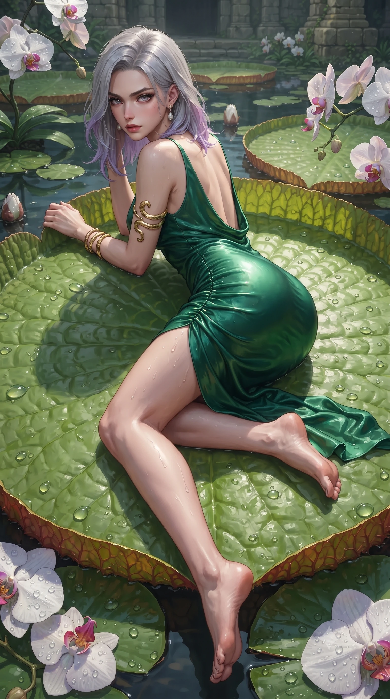 score_9, masterpiece, best quality, ultra-detailed, high-budget anime keyframe, editorial fashion photography, tasteful artistic composition, Caucasian woman. low angle full-body shot from head to toe showing her feet, filling the entire 9:16 vertical frame with her statuesque presence, stretching her vertical silhouette. striding forward in a proud supermodel runway stride, hips swaying in an alluring kinetic rhythm that accentuates her curvy hourglass silhouette while reclining face down atop a floating giant Victoria water lily pad with head turned toward the lens, legs playfully bent at the knees to highlight her hip silhouette. The surrounding environment is rendered in vivid detail and crisp panoramic clarity. detailed dew droplets on exotic orchids, wet skin water beads, and stone masonry in high clarity. She has an absolutely perfect, statuesque 8.5-heads proportion, an exceptionally tall and slender model-like female figure with impossibly long slender legs, a toned flat midriff, an ultra-slim waist, and beautifully sculpted feminine hips. sharp v-shaped jawline, high-bridge nose, intricate jewel-like eyes with depth, thick eyelashes, glossy parted lips with a natural sheen, intensely captivating and seductive bedroom-eyes expression, flawlessly proportioned anatomical accuracy, strict slender model proportions, natural body alignment, perfectly sculpted long slender limbs, ultra-slim waistline, clean dynamic posture without body distortion. wearing a wet-look emerald silk slip dress with an ultra-deep cowl back and hip-defining side ruching in radiant champagne and soft sunlight cream, crafted from second-skin supple lambskin leather with specular sheen, complemented by sculpted gold serpent armlets and pearl drop earrings, the liquid-tight tailored fabric clinging flawlessly to her narrow waist and rounded feminine hips, emphasizing every millimeter of her sculpted hourglass curves during movement. illuminated by wet specular highlights accentuating her slender neckline, sculpted waist, and rounded hips. ultra-reflective glossy finish, specular highlights, rich textural contrasts, high-contrast stereoscopic depth, volumetric dynamic lighting, 2k, ultra detail, master piece, 9:16 ratio