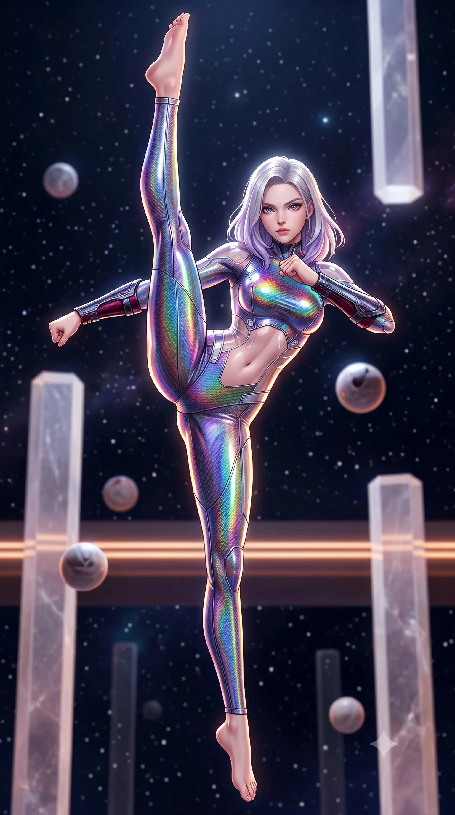 score_9, masterpiece, best quality, ultra-detailed, high-budget anime keyframe, semi-realistic 3D game render, editorial fashion photography, tasteful artistic composition, Caucasian woman. low angle full-body shot from head to toe showing her feet, filling the entire 9:16 vertical frame with her statuesque presence, stretching her vertical silhouette. striding forward with sovereign warrior elegance in a low, predatory combat advance, hips swaying with fierce athletic poise from head to toe while pivoting dynamically in mid-air as she executes a zero-G 180-degree vertical split kick against the star-filled cosmic backdrop. The composition keeps background elements in soft focus with creamy bokeh. minimalist quartz dojo pillars and floating zero-G training spheres softened in smooth atmospheric depth of field. She has an absolutely perfect, statuesque 8.5-heads proportion, an exceptionally tall and slender model-like female figure with impossibly long slender legs, a toned flat midriff, and an ultra-slim waist. sharp v-shaped jawline, high-bridge nose, intricate jewel-like eyes with depth, thick eyelashes, glossy lips with a natural sheen, flawlessly proportioned anatomical accuracy, strict slender model proportions, natural body alignment, perfectly sculpted long slender limbs, ultra-slim waistline, clean dynamic posture without body distortion. wearing a high-gloss iridescent rainbow carbon-weave bodysuit with translucent cybernetic panels and Damascus-steel forearm bracers in deep crimson carbon weave with specular dark chrome accents, formed from high-gloss patent carbon-plating with specular chiaroscuro reflections, finished with high-mobility flexible limb seams and miniature magnetic armor locks, the form-contouring material adhering flawlessly to her sculpted flat midriff and slender torso, emphasizing her long leg lines and perfectly proportioned willowy build. illuminated by crisp white key light and sharp specular highlights tracing her ultra-slim waist and long legs. rich saturated anime colors with glowing neon highlights, detailed shading with soft gradients, rich glossy textures, high-contrast stereoscopic depth, volumetric dynamic lighting, master piece, 9:16 ratio